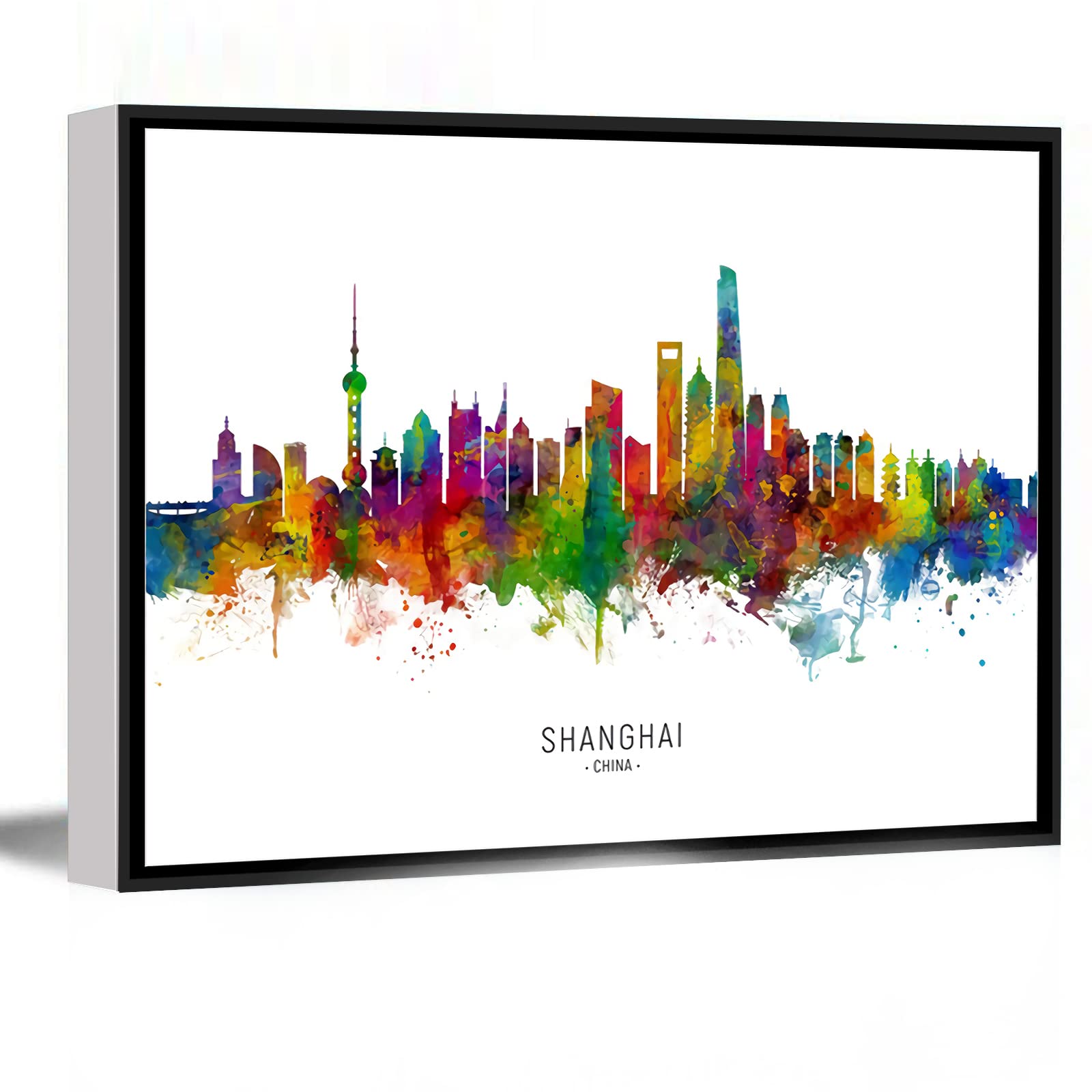 Purple Contemporary Wall Art - 16x24 Inch Framed Canvas Print of Shanghai Skyline & Butterfly Decor for Living Room, Bedroom, or Office | Modern Cityscape Painting & Large Room Decor