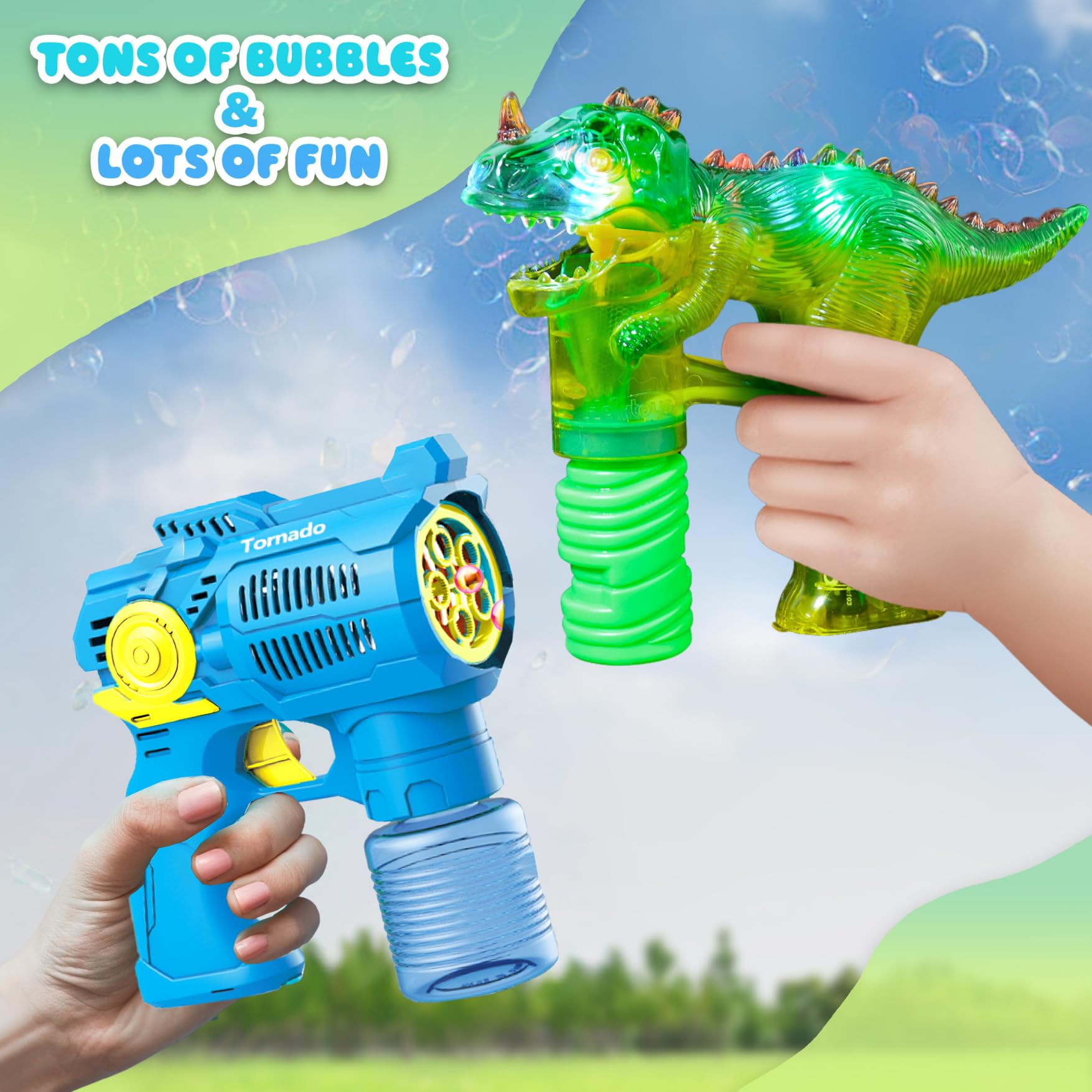2 Pack Dinosaur & Tornado Bubble Gun Shooter Toy with Refill Bottles & Batteries - Fun Bubble Blower for Toddlers & Kids - Perfect for Birthday Parties, Outdoor Play & Summer Activities