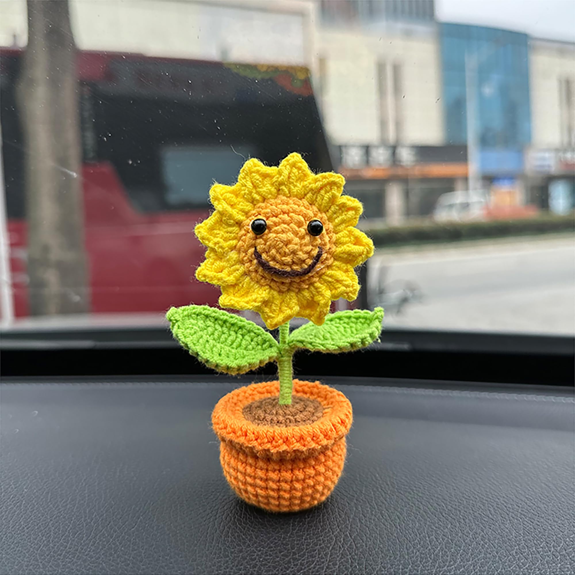 Crochet Smiley Sunflower Car Dashboard Decor - Handmade Sunflower Bouquet for Women, Cute Girl Gift, Car Interior & Desk Ornament - Perfect for Home, Office, and Vehicle Decoration