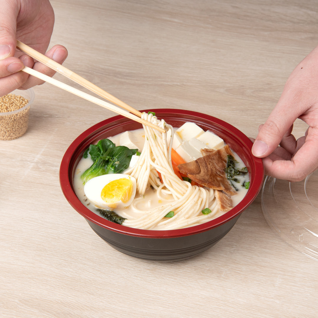 34oz Large Asian Panda Bowl with Clear Lid - Round Black & Red Plastic Microwave-Safe Food Storage Container (7.25
