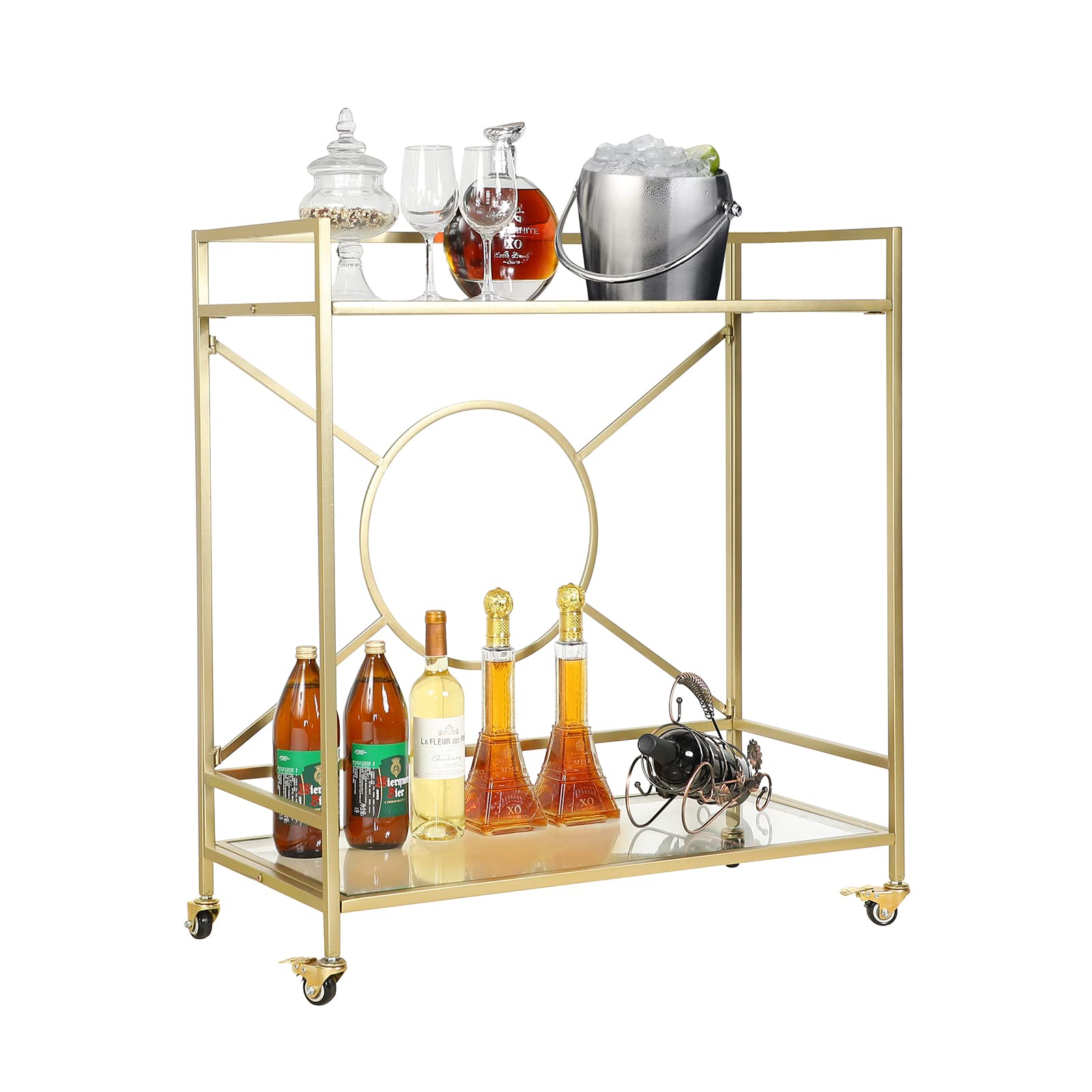 Palama Gold Bar Cart for Home - Easy Assembly with Only 4 Screws, 2-Tier Rolling Snack Cart with Tempered Glass Shelves & Lockable Wheels | Perfect for Living Room, Kitchen, or Party Serving