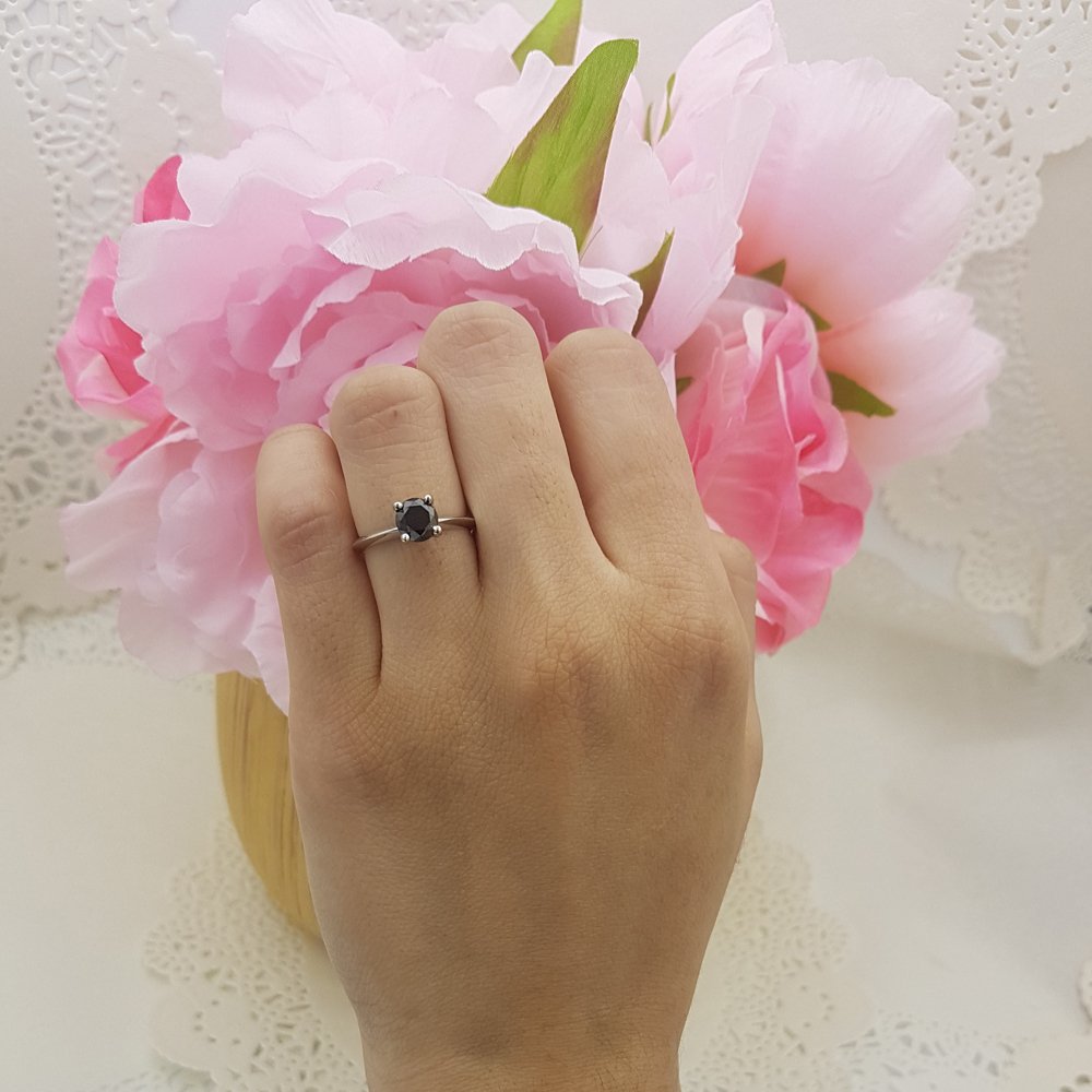 Dazzlingrock Round Black Diamond Solitaire Engagement Ring for Women - Sterling Silver Wedding Band, Bridal Jewelry Gift for Her - Perfect for Proposals, Anniversaries & Special Occasions