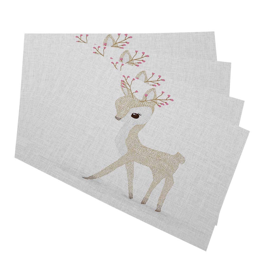 Deer Cartoon Place Mats Set of 4 - Cute Bambi Animal Christmas Themed Washable Fabric Table Mats for Kids Dining | Perfect for Holiday Decorations, Family Gatherings & Children's Parties