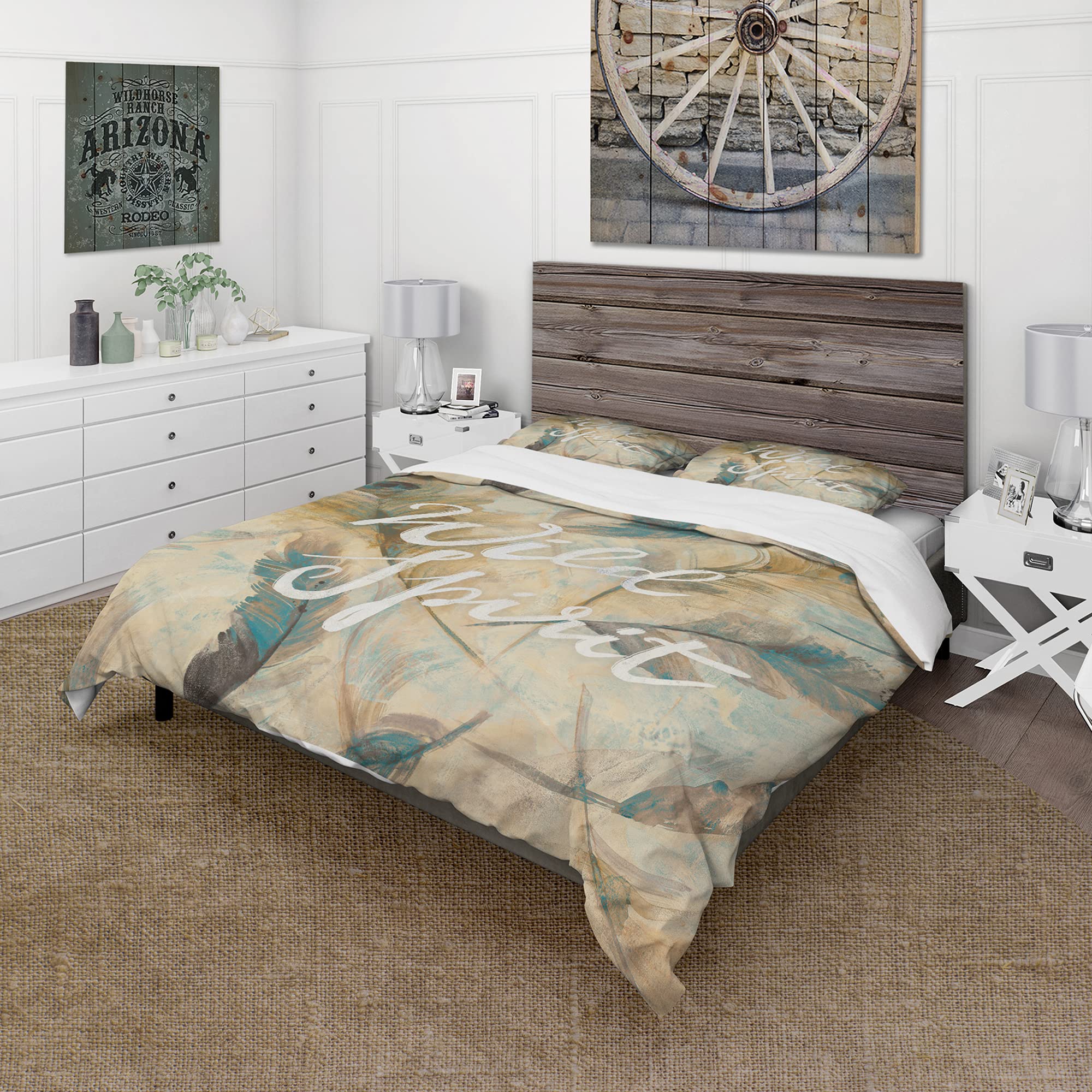 DesignQ Wild Spirit Blue & Cream Cottage Feathers Duvet Cover Set - Queen Size Yellow Animal Print Bedding 3-Piece Set for All Seasons | Cozy Farmhouse & Boho Bedroom Decor