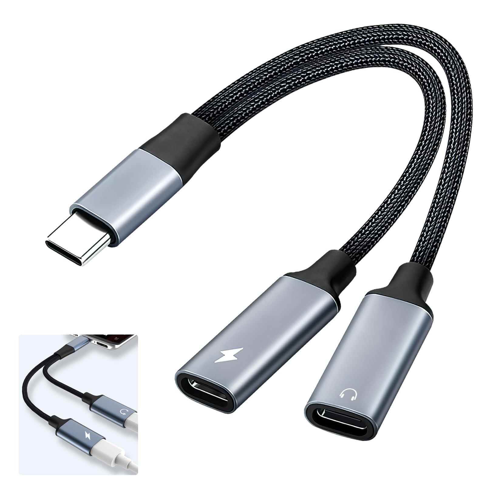 USB C Splitter Cable - USB C Male to Dual USB C Female Y Adapter - Fast Charging & Data Sync for MacBook, Laptop, PC - Braided Durable Design for Travel, Office & Home Use