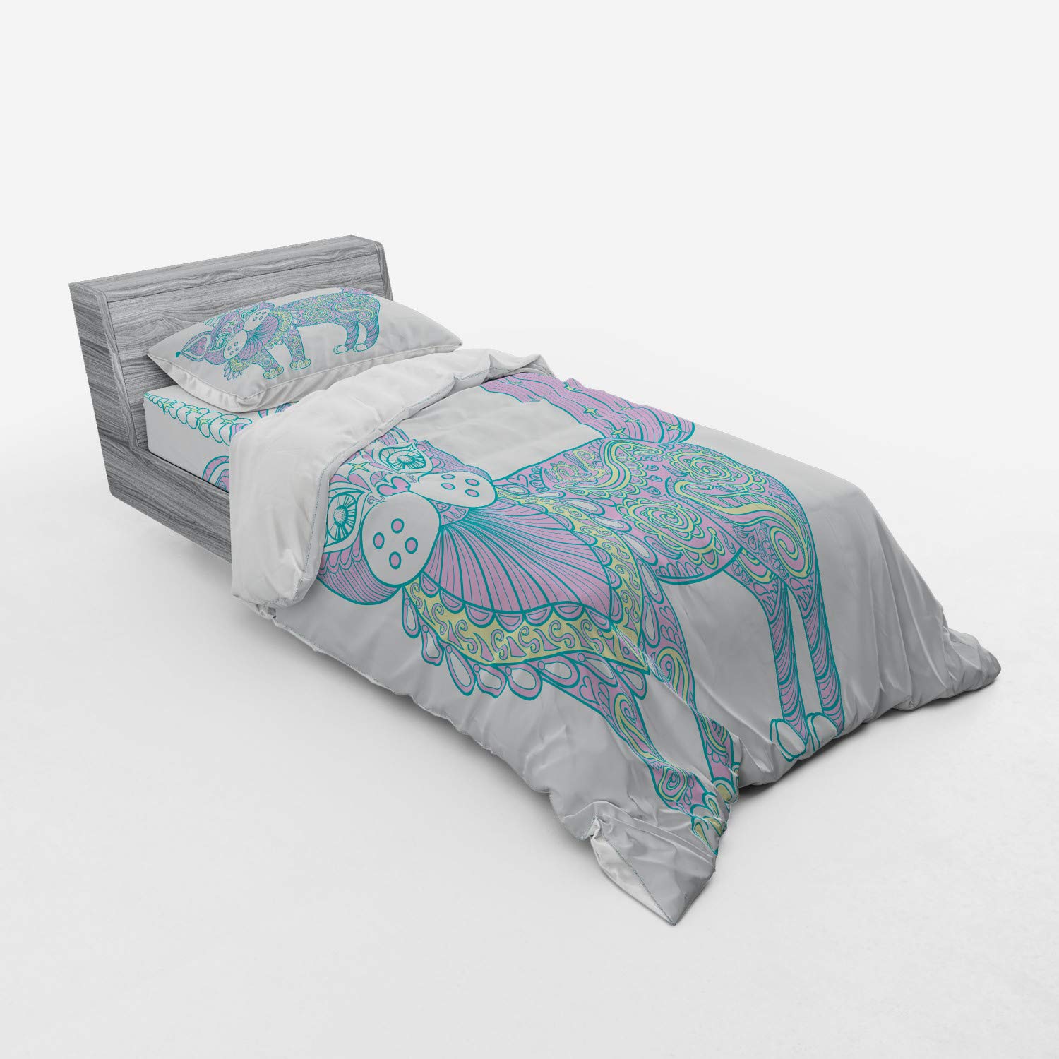 Ambesonne Unicorn Cat Duvet Cover Set - 3 Piece Boho Chic Bedding with Sham & Fitted Sheet, Twin Size in Pink Teal & Pale Yellow - Perfect for Kids' Rooms, Teen Bedrooms & Whimsical Home Decor