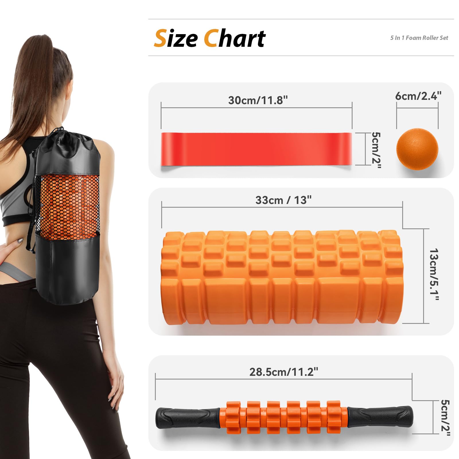 5-in-1 Foam Roller Set for Deep Tissue Massage - Trigger Point Roller, Massage Stick, Therapy Ball & Resistance Band - Perfect for Yoga, Pilates, Fitness & Full Body Workout (Orange-Black) - Home Gym & Physical Therapy Essential