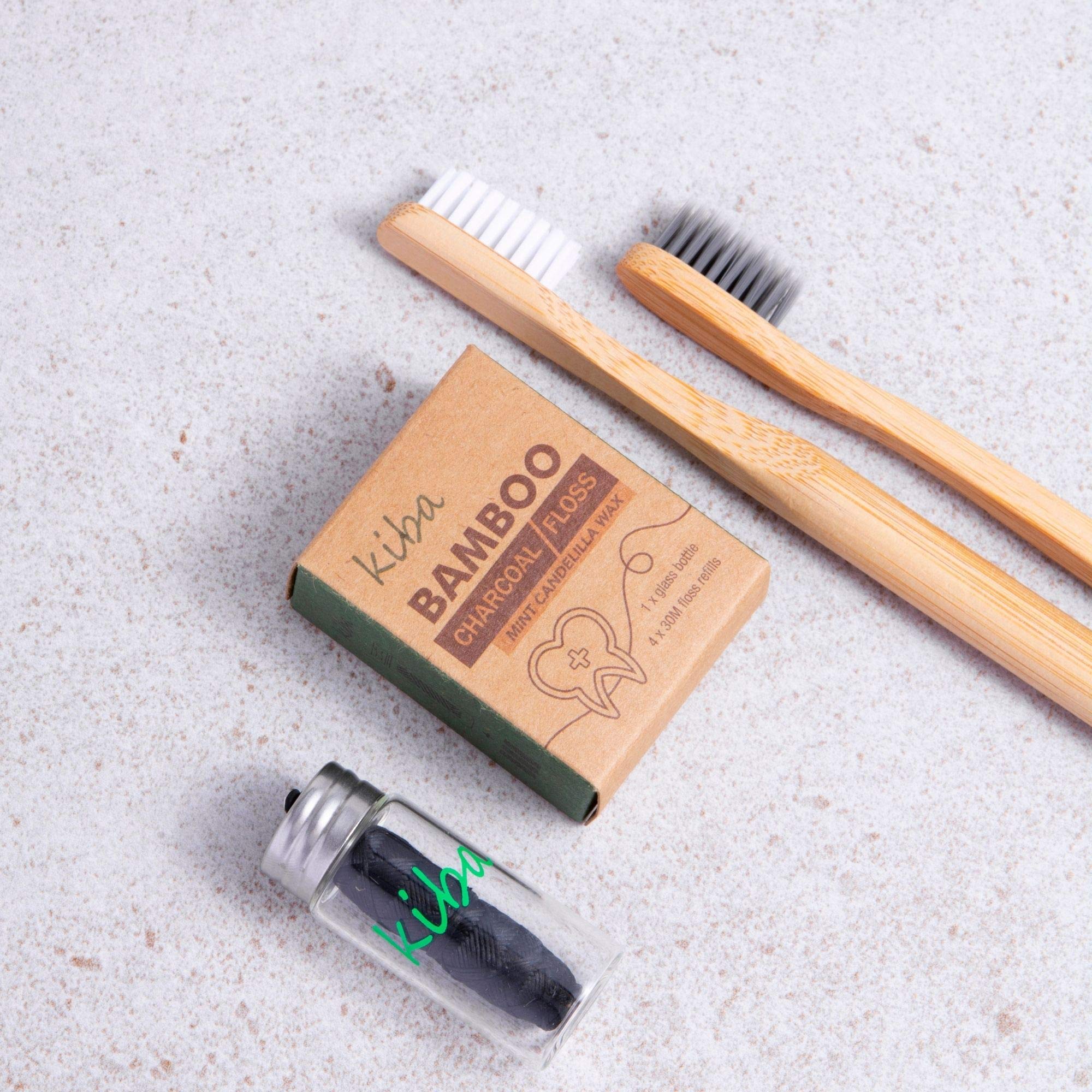 Kiba Bamboo Charcoal Dental Floss with Reusable Glass Container - 5pc Eco-Friendly Kit (1 Glass Holder + 4x30m Refills) - Mint Flavored, Vegan, Candelilla Wax - Perfect for Travel & Zero-Waste Oral Care