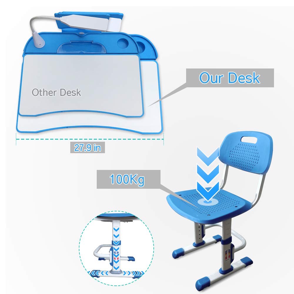 LVYUAN Adjustable Kids Study Desk and Chair Set with Tiltable Desktop, 3-Level LED Light - Ergonomic Children's Learning Table for Bedroom, Homeschool & Classroom (Blue) - Perfect for Homework, Drawing & Online Learning