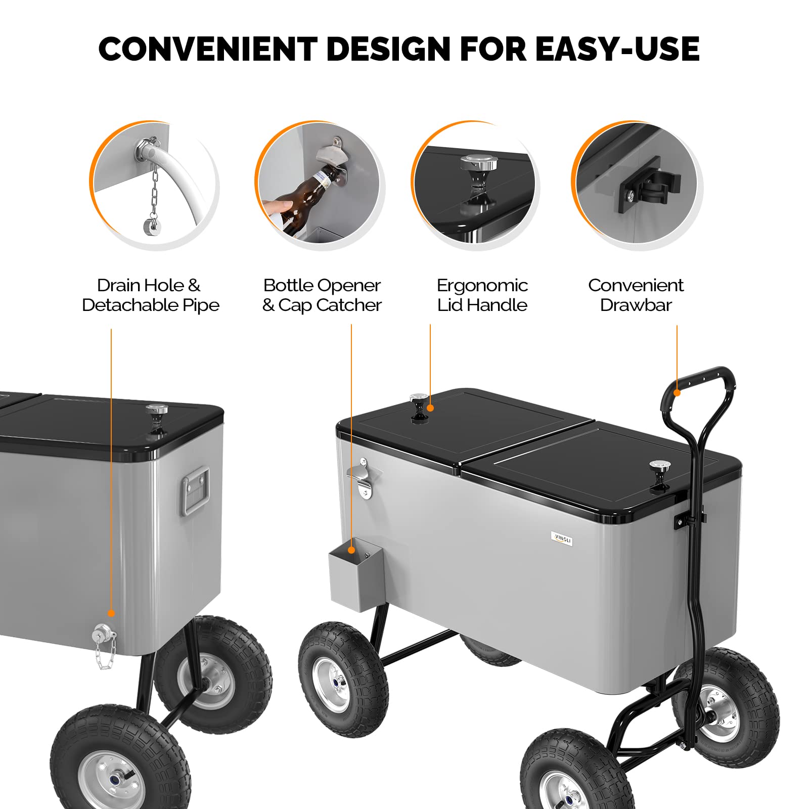 VINGLI 80 Quart Rolling Cooler with Wheels - Portable Ice Chest for Beach, Camping, Tailgating & Outdoor Parties - Heavy Duty Wagon Cooler with Long Handle & 10