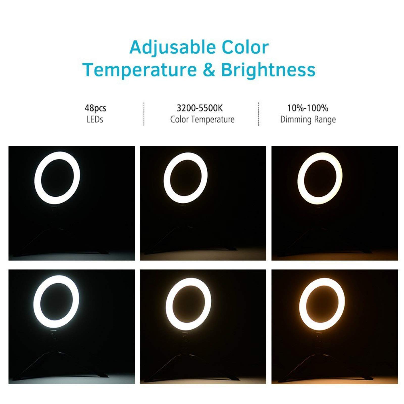 6 Inch Dimmable LED Ring Light with Mini Tripod - 3200K to 5500K Adjustable Color Temperature, Black - Perfect for Makeup, Live Streaming, YouTube Videos & Photography