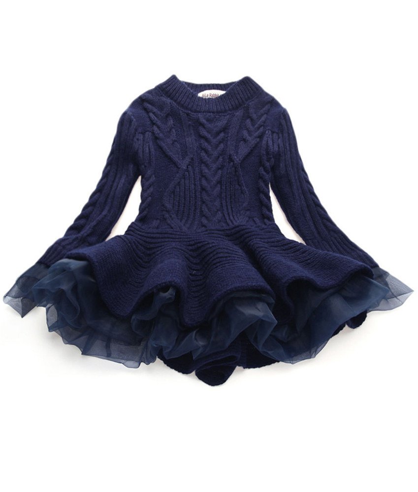 Little Girls' Spring Sweater Jumper Dress - Long Sleeve Tutu Dress for Kids & Teens (Navy Blue, Size 110) - Perfect for Easter, Birthday Parties & School Events