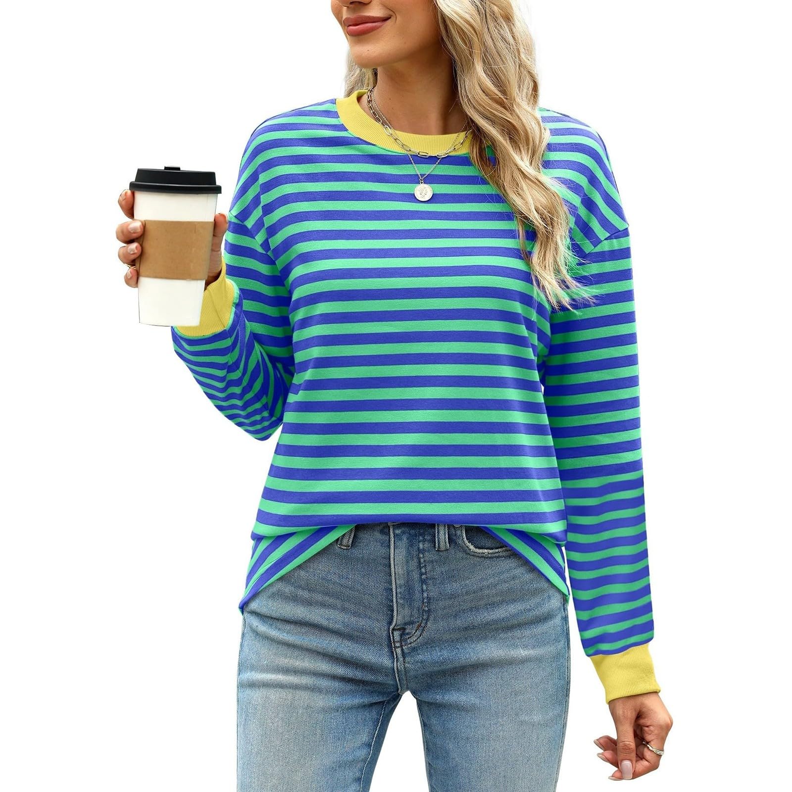 Women's Loose Fit Long Sleeve Striped Tunic Tops - Crewneck Casual Blouse for Work, Travel & Everyday Wear | Comfortable Office & Going Out Shirts