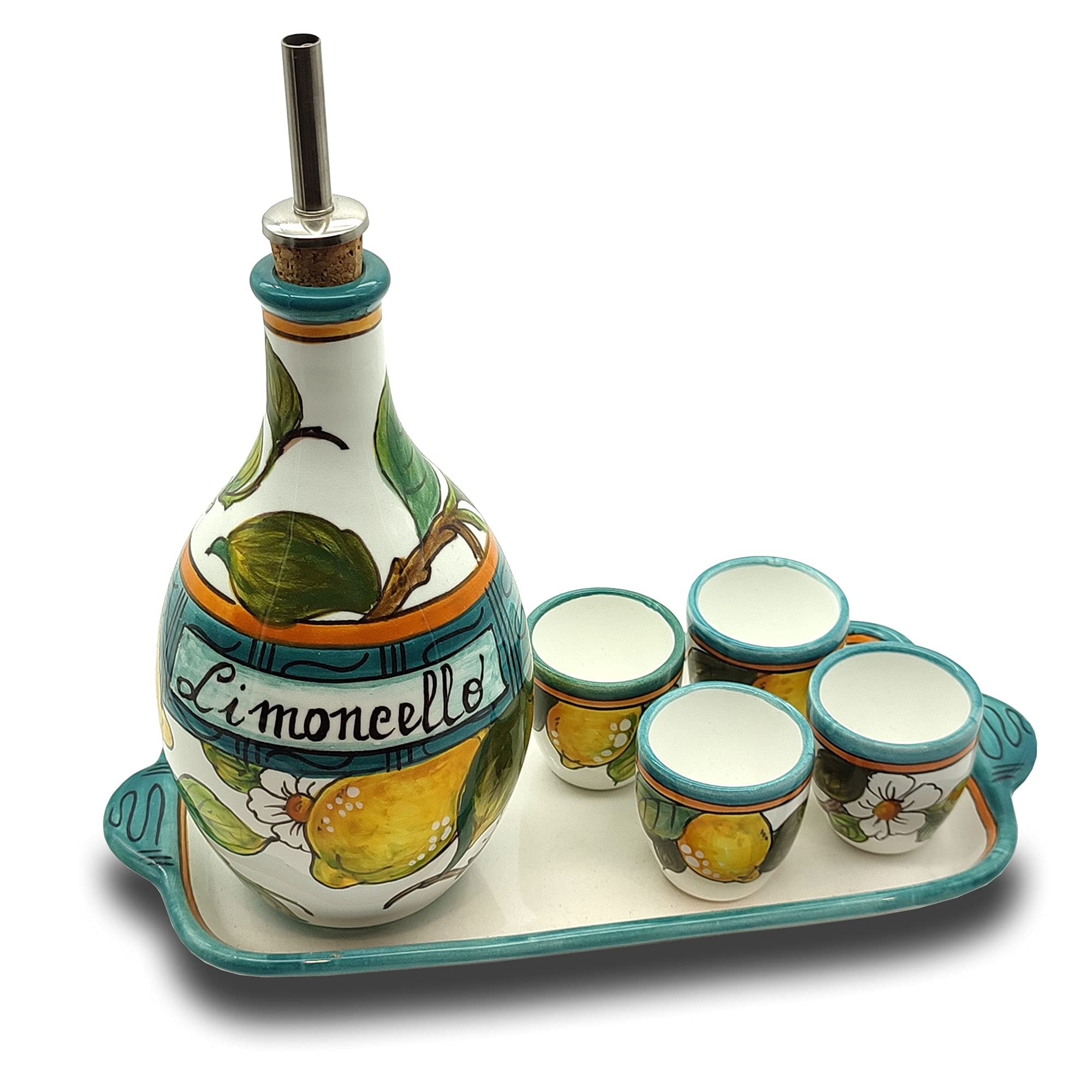 Italian Hand-Painted Limoncello Ceramic Set - 6 Shot Glasses with Lemon Design Tray - Authentic Tuscan Pottery for Kitchen & Home Decor | Perfect for Limoncello Tasting, Italian-Themed Parties & Gift Giving