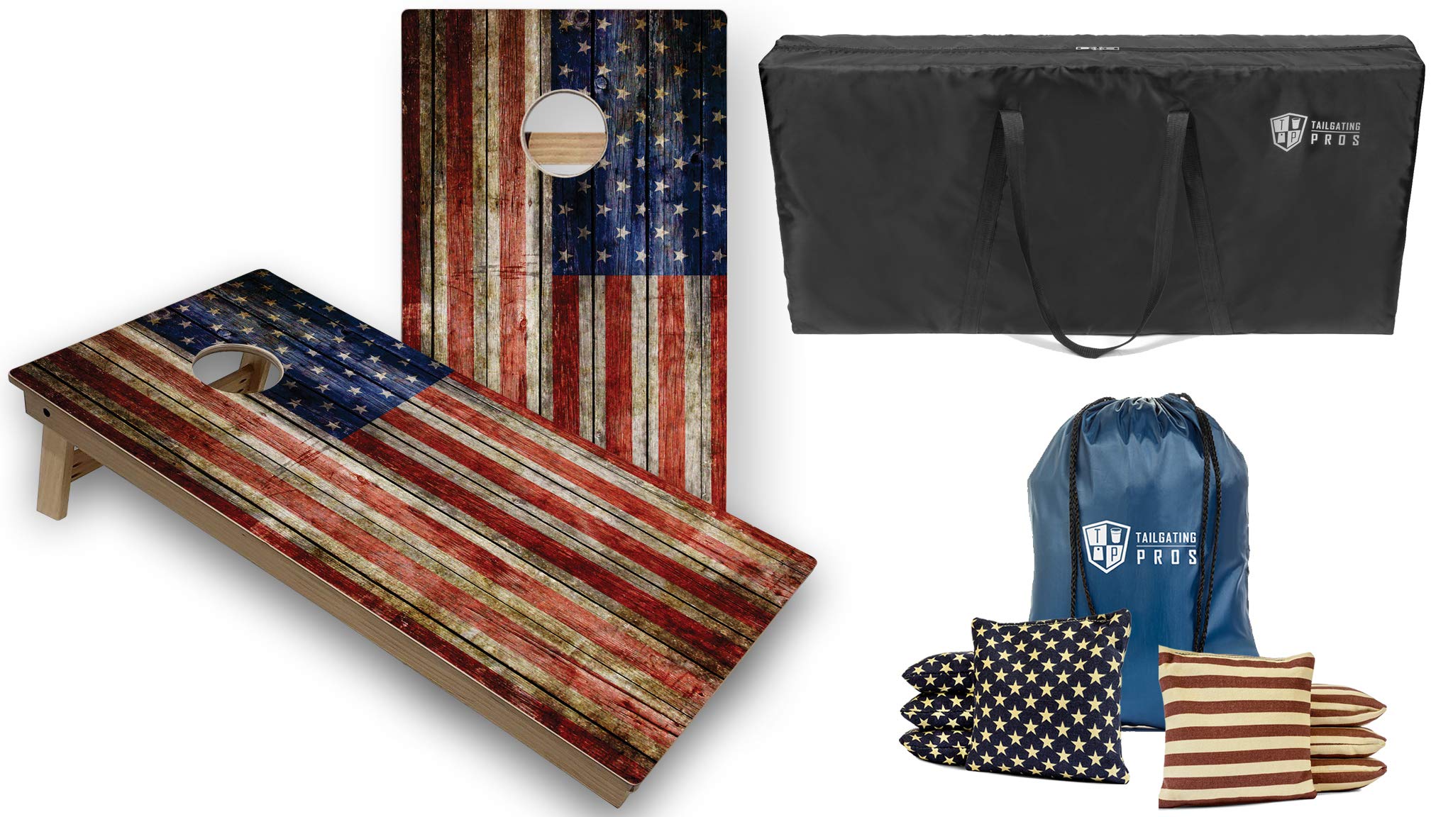 Tournament Grade Cornhole Game Set - 2 Professional 4'x2' Regulation Baltic Birch Boards with Rustic Flag Design, Carrying Case & 8 Bags | Optional LED Lights | Perfect for Tailgating, Backyard Parties & Outdoor Events