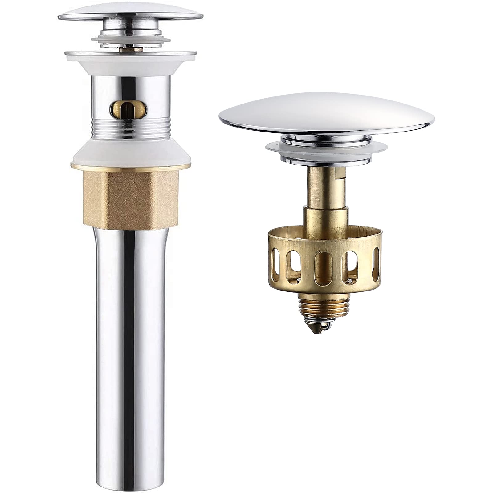 JONKEAN Pop Up Drain Stopper for Bathroom Sink - Chrome Bathroom Pop Up Drain with Detachable Basket & Overflow - Anti-Clogging Drain Strainer for Vessel Sink - Perfect for Bathroom, Kitchen, and Utility Sink Drainage