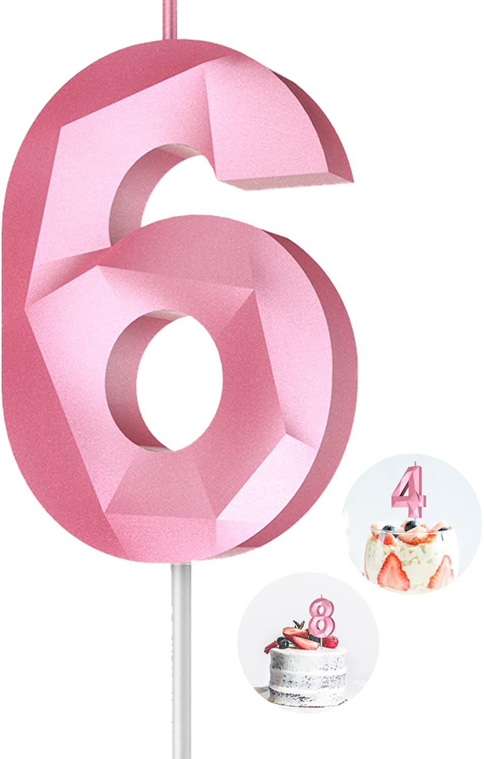6th Birthday Candles Pink (6-Pack) - 3D Diamond Shape Cake Toppers for Girls & Women | Perfect for Birthday, Wedding, Anniversary Celebrations & Theme Parties | Cake Decorations & Party Supplies