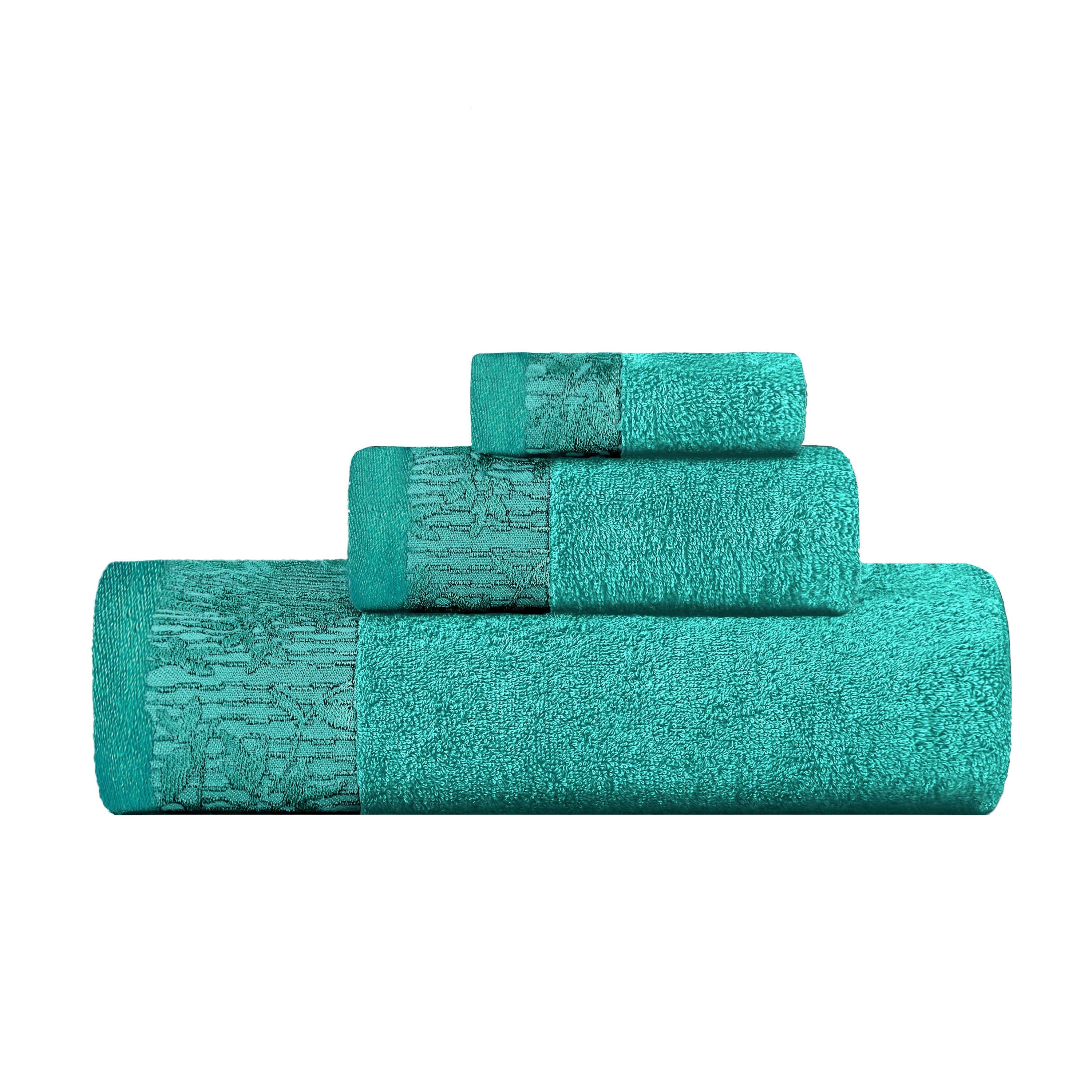 Wisteria Cotton Floral Embroidered Jacquard Border 3-Piece Bath Towel Set - Soft & Absorbent for Spa, Bathroom & Guest Room Decor