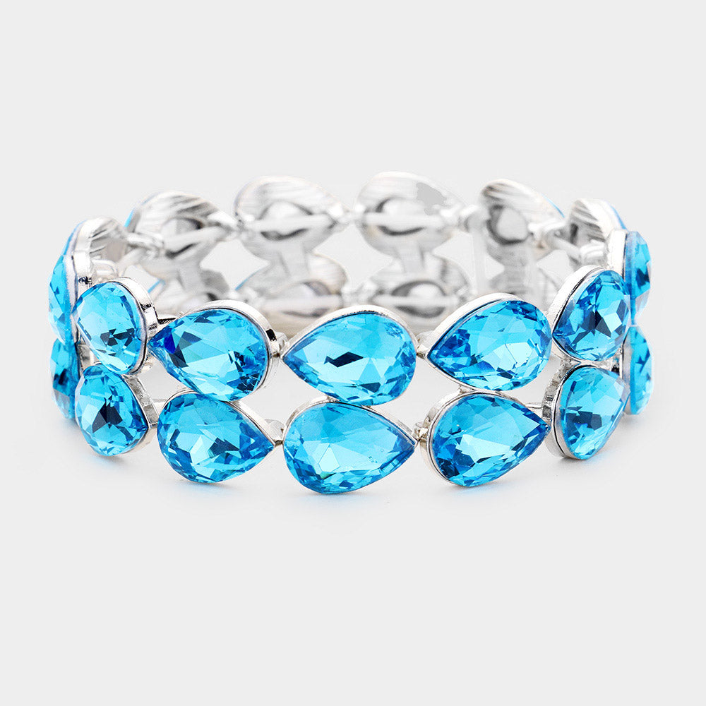Aqua Double Row Crystal Teardrop Stretch Bracelet for Women | Elegant Adjustable Beaded Wristband | Perfect for Parties, Weddings & Everyday Wear | 432235