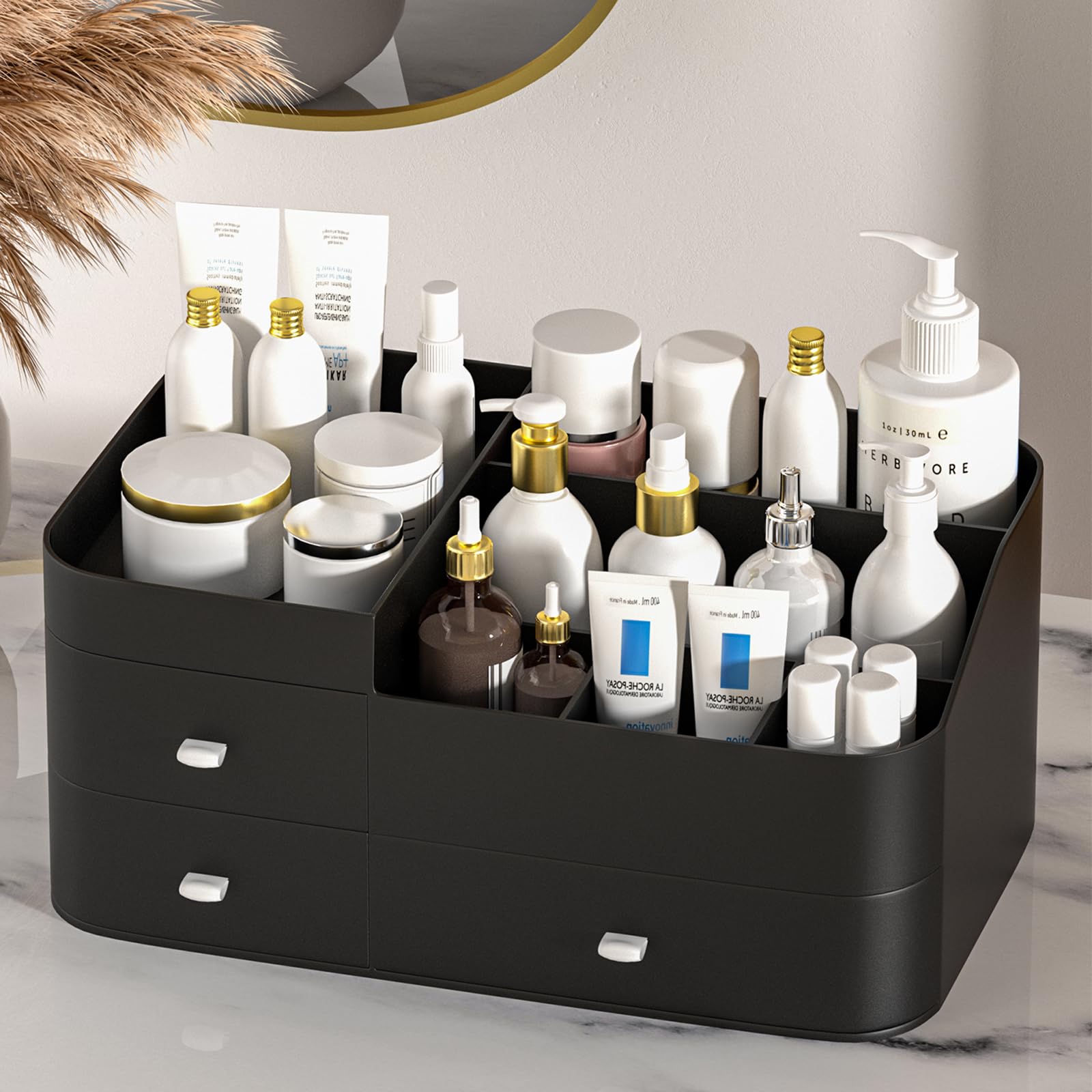 Large Capacity Makeup Organizer with Drawers - Vanity Cosmetic Storage for Lipsticks, Jewelry, Nail Care & Skincare | Black Desk Organizer for Bedroom & Bathroom Countertops | Perfect for Daily Beauty Routine & Travel Organization