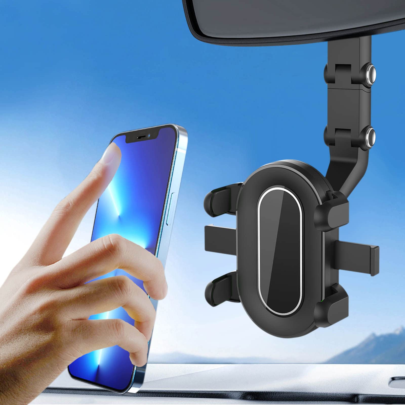 Qonioi 360° Rotating Car Phone Holder - Universal Rearview Mirror Mount for iPhone, Android, GPS - Hands-Free Driving Accessory for Safe Navigation & Calls