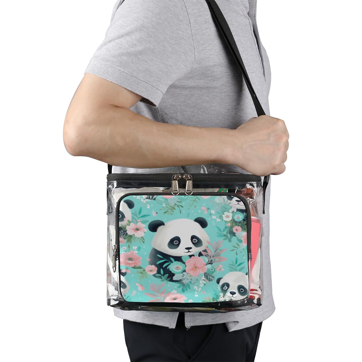 GzLeyigou Panda Clear Tote Bag with Handles - Cute Panda & Floral Design Transparent Crossbody Shoulder Bag for Lunch, Beach, Travel, Picnic, Concerts & Sports Events - Stadium Approved Clear Purse (Perfect for Outdoor Activities, Theme Parks & Security Checkpoints)