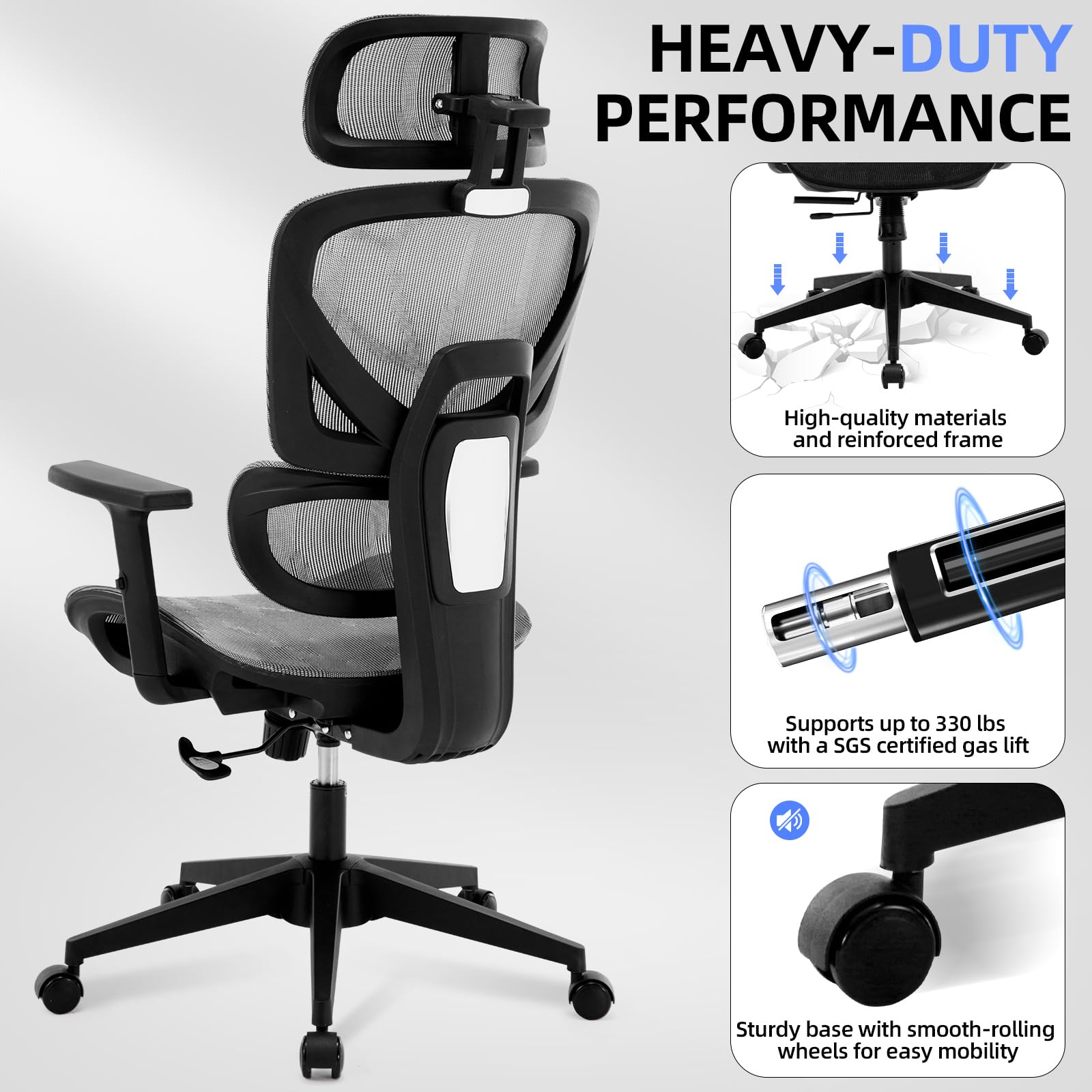 Ergonomic Office Desk Chair - High Back Big and Tall Reclining Mesh Chair with Adjustable Lumbar Support & Armrests, Rolling Wheels for Home Office, Gaming, and Workspace Comfort