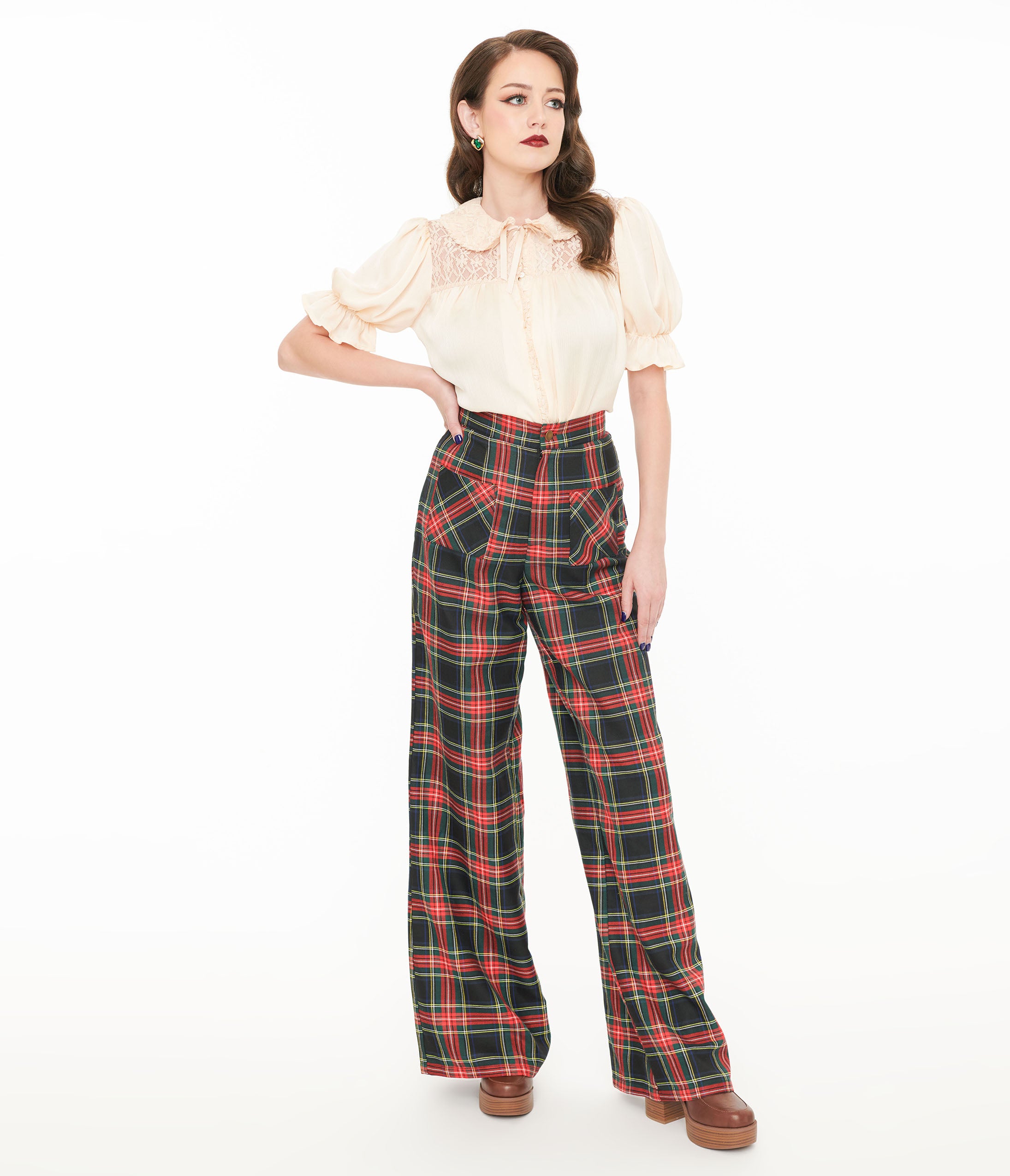 Smak Parlour 1960s Vintage Black & Red Plaid Wide Leg Pants - Retro High Waisted Trousers for Women | Perfect for 60s Theme Parties, Cosplay & Boho Fashion Outfits