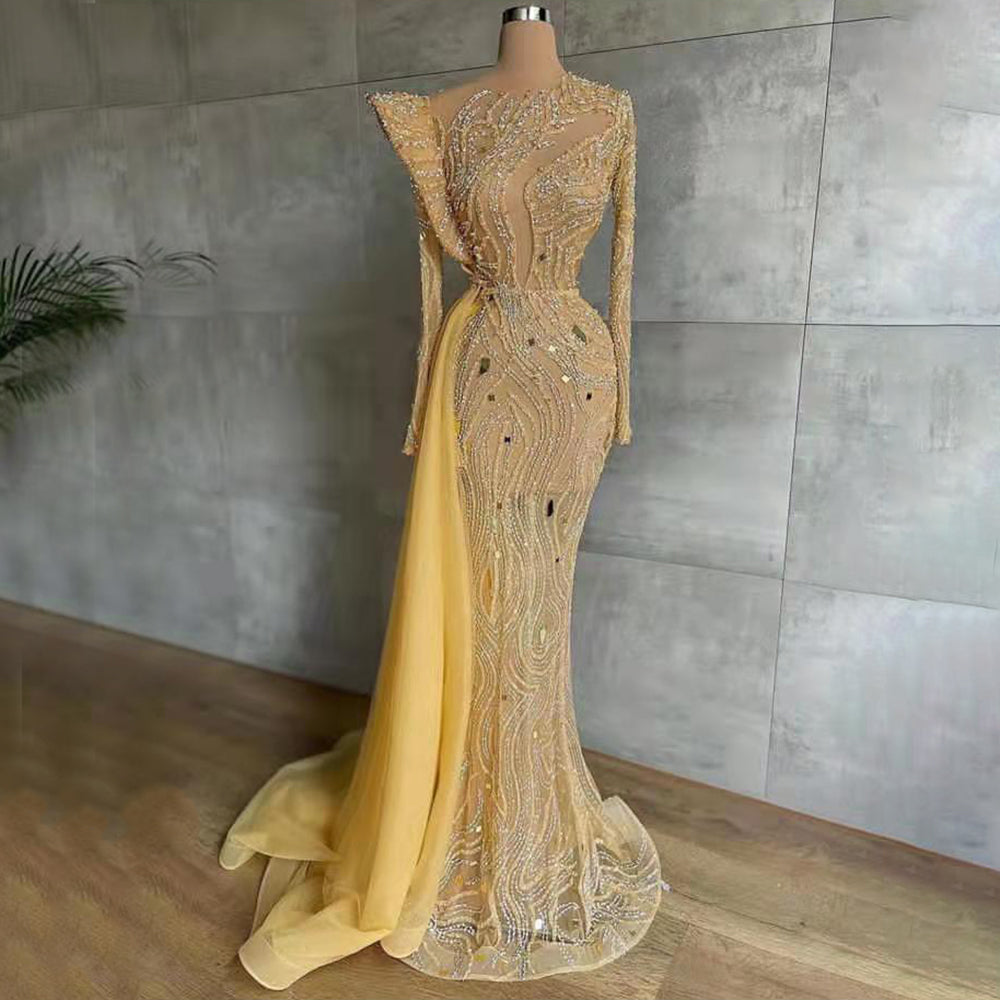 Serene Hill Muslim Gold Overlay Skirt Luxe Evening Dresses 2025 Beaded Mermaid Elegant for Women Party LA71528 - Perfect for Weddings, Galas & Formal Events