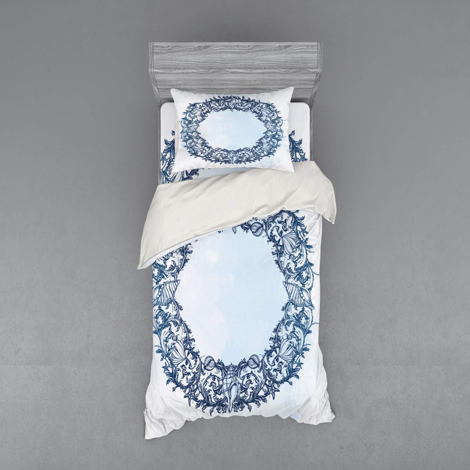 Ambesonne Seashells Duvet Cover Set - Nautical Ocean Theme with Floral Wreath Design, 3-Piece Twin XL Bedding Set (Duvet Cover + Pillow Sham + Fitted Sheet) in Blue - Perfect for Coastal Bedrooms, Beach House Decor & Nautical Themed Rooms