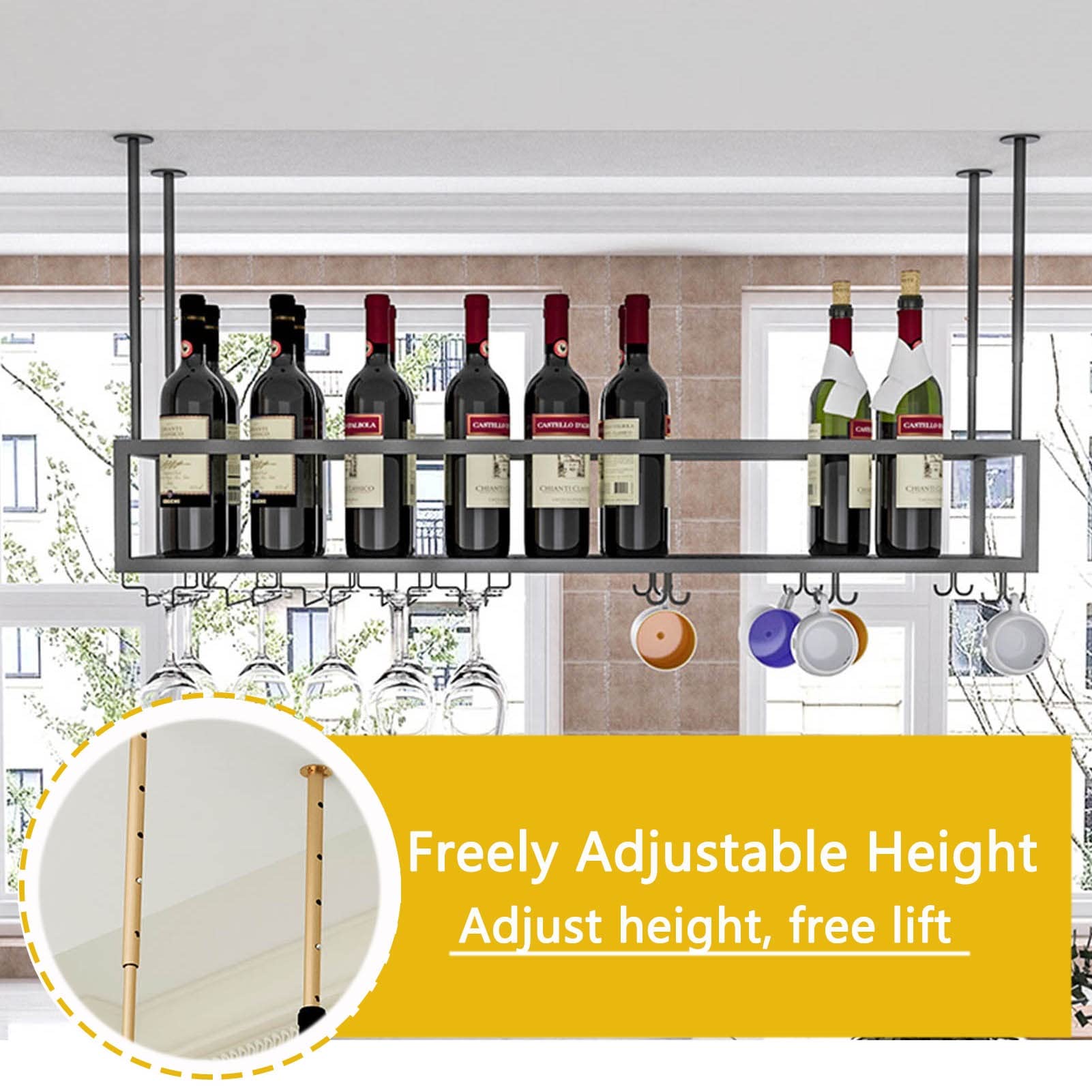 Black Iron Ceiling Hanging Wine Rack - Adjustable Height (60x25x21cm) for Wine Bottles & Glass Goblets Storage | Rustic Bar, Kitchen Decor | Perfect for Dining Rooms, Restaurants & Home Wine Cellars