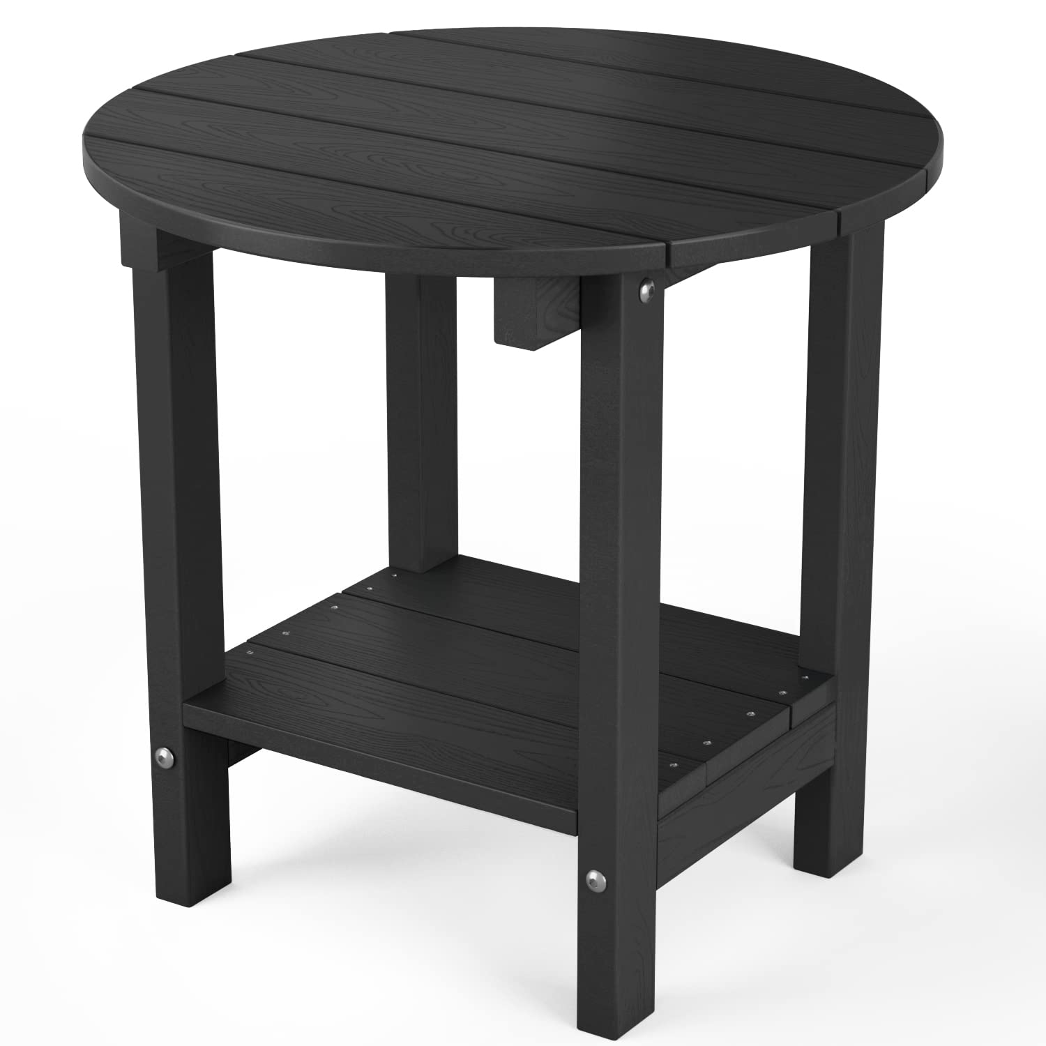 MXIMU 18 Inch Round Outdoor Side Table with Storage Shelf - 2-Tier Plastic Patio End Table for Balcony, Backyard, Lawn - Durable Adirondack Chairside Table (Black, 1 Pack) - Perfect for Outdoor Relaxation, Coffee Time & Garden Decor