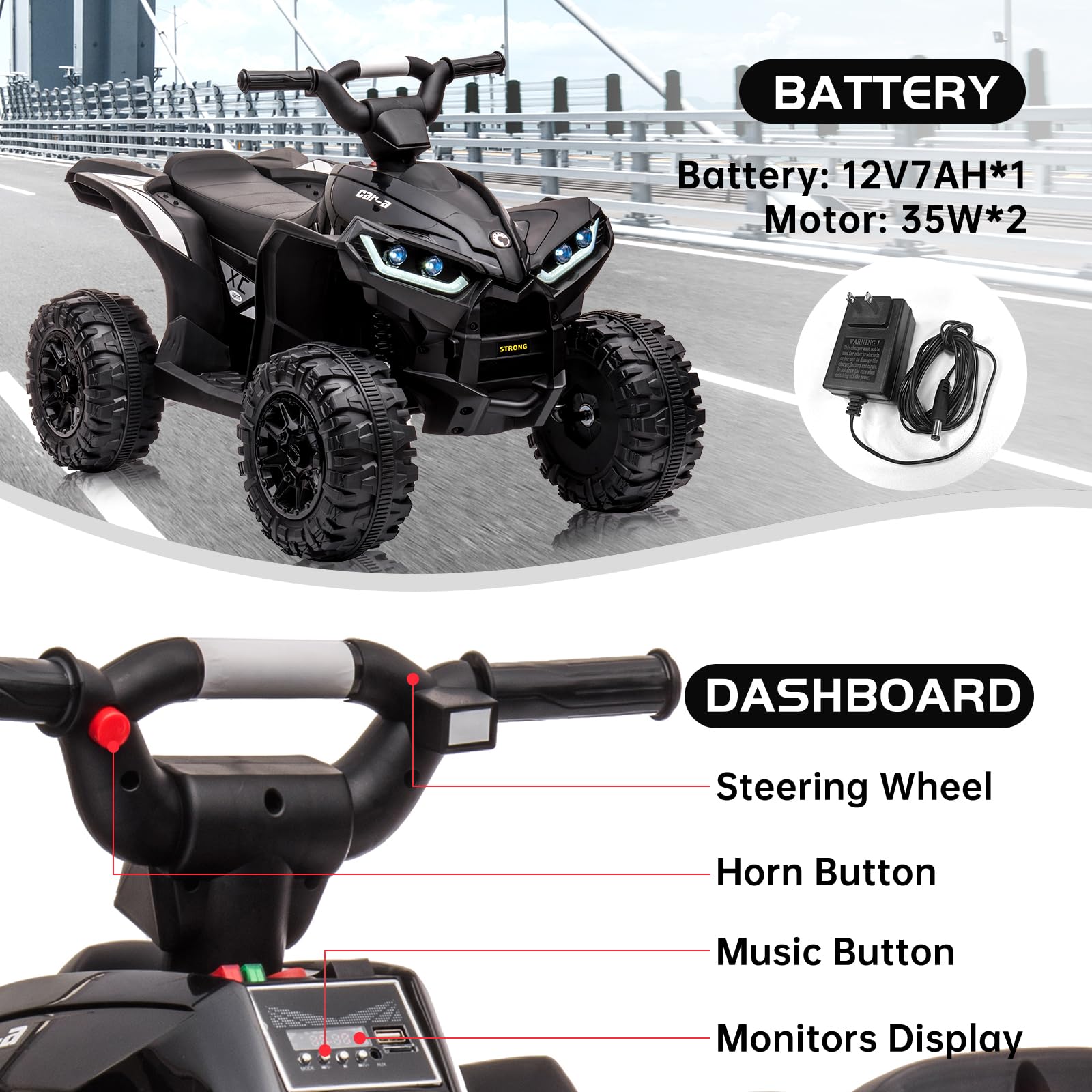 12V Kids Ride On ATV 4 Wheeler Electric Vehicle for Toddlers - Battery Powered Toy Car with LED Lights, Music, High/Low Speed & Treaded Tires - Perfect Outdoor Play Gift for Boys & Girls (Black) - Great for Backyard, Park, and Indoor Fun