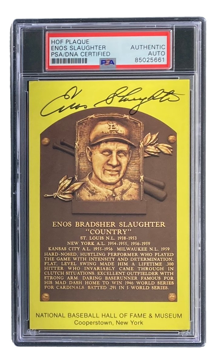 Authentic Enos Slaughter Autographed 4x6 St. Louis Cardinals HOF Plaque Card - PSA/DNA Certified - Perfect for Baseball Memorabilia Collections & Sports Fan Gifts