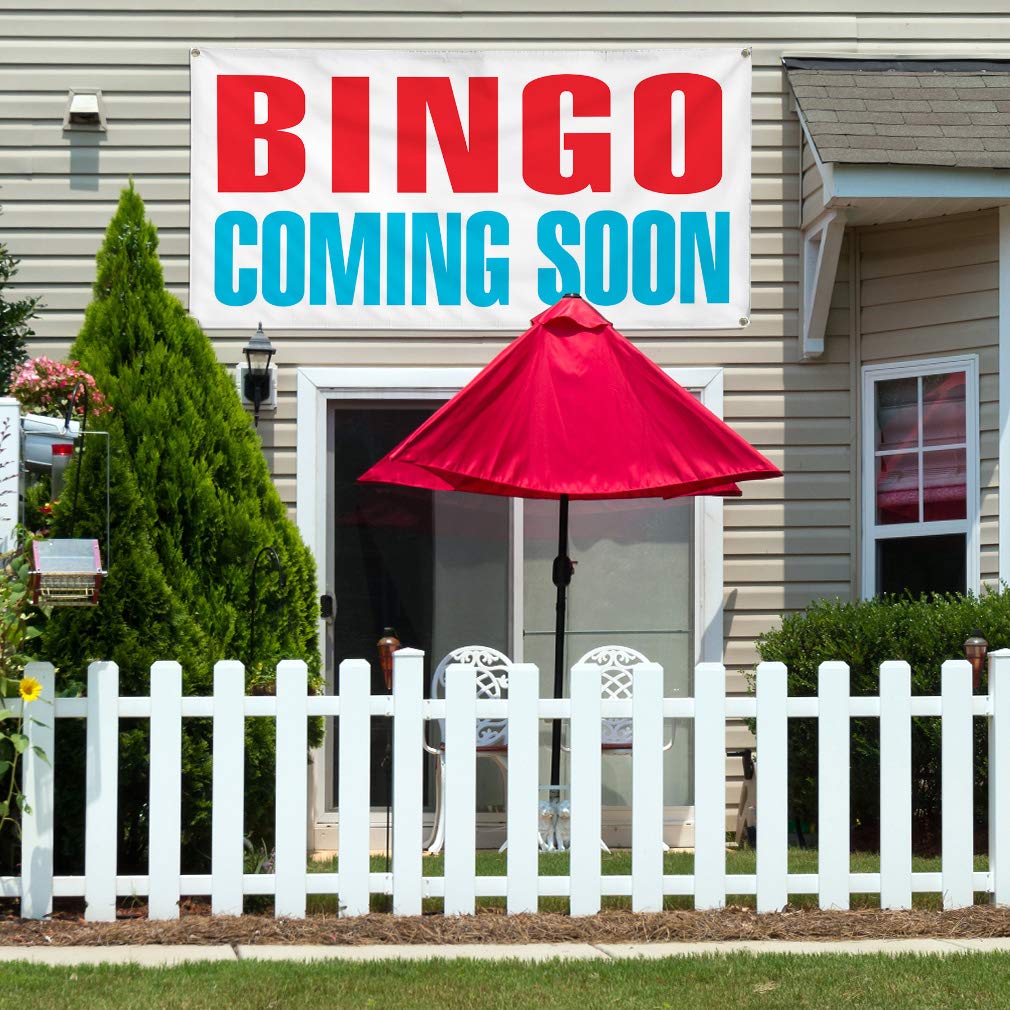 Custom Vinyl Banner - 48x96 Inches, Weatherproof & Durable for Outdoor Use - Red & Blue Bingo Coming Soon Sign with 8 Grommets - Perfect for Business Events, Yard Sales & Industrial Signage