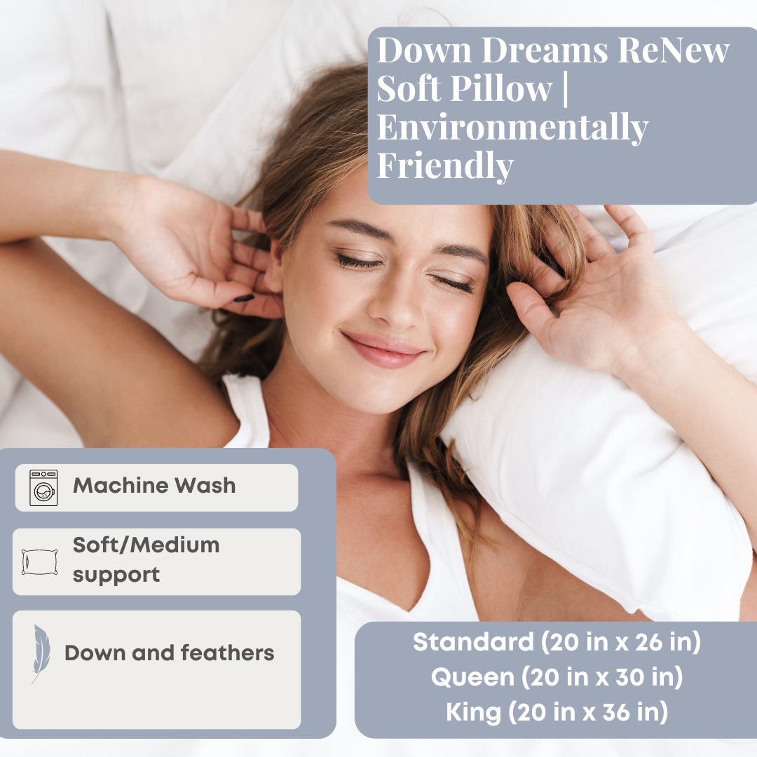 Eco-Friendly Down Dreams ReNew Soft Pillow - Hypoallergenic & Sustainable Bedding for Ultimate Comfort - Perfect for Home, Hotel, or Travel Use