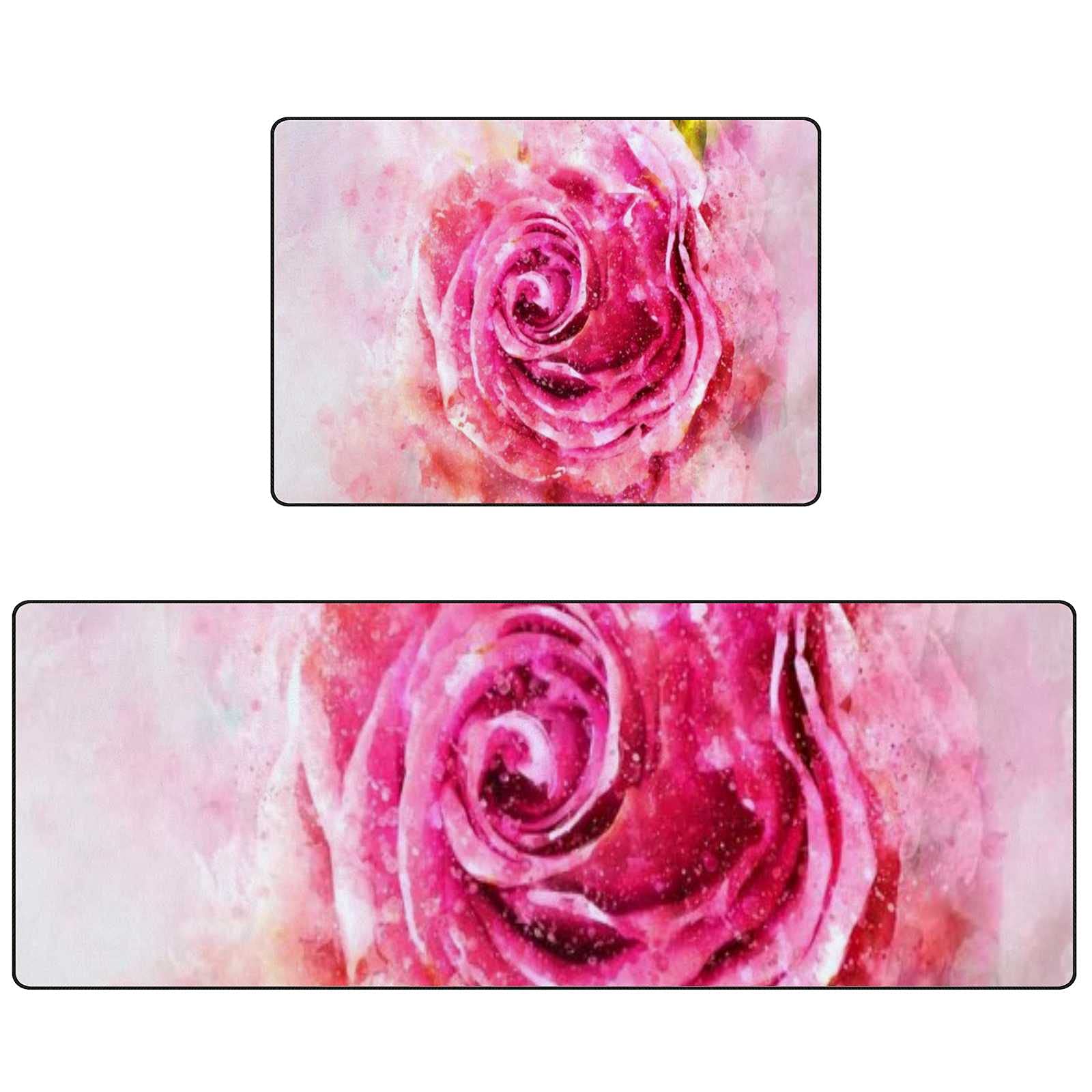 Non-Slip Watercolor Rose Pink Kitchen Rugs Set of 2 - Soft Absorbent Coral Velvet Washable Floor Mats (17.7×29.1Inch + 17.7×58.2Inch) - Perfect for Kitchen, Dining Room & High-Traffic Areas