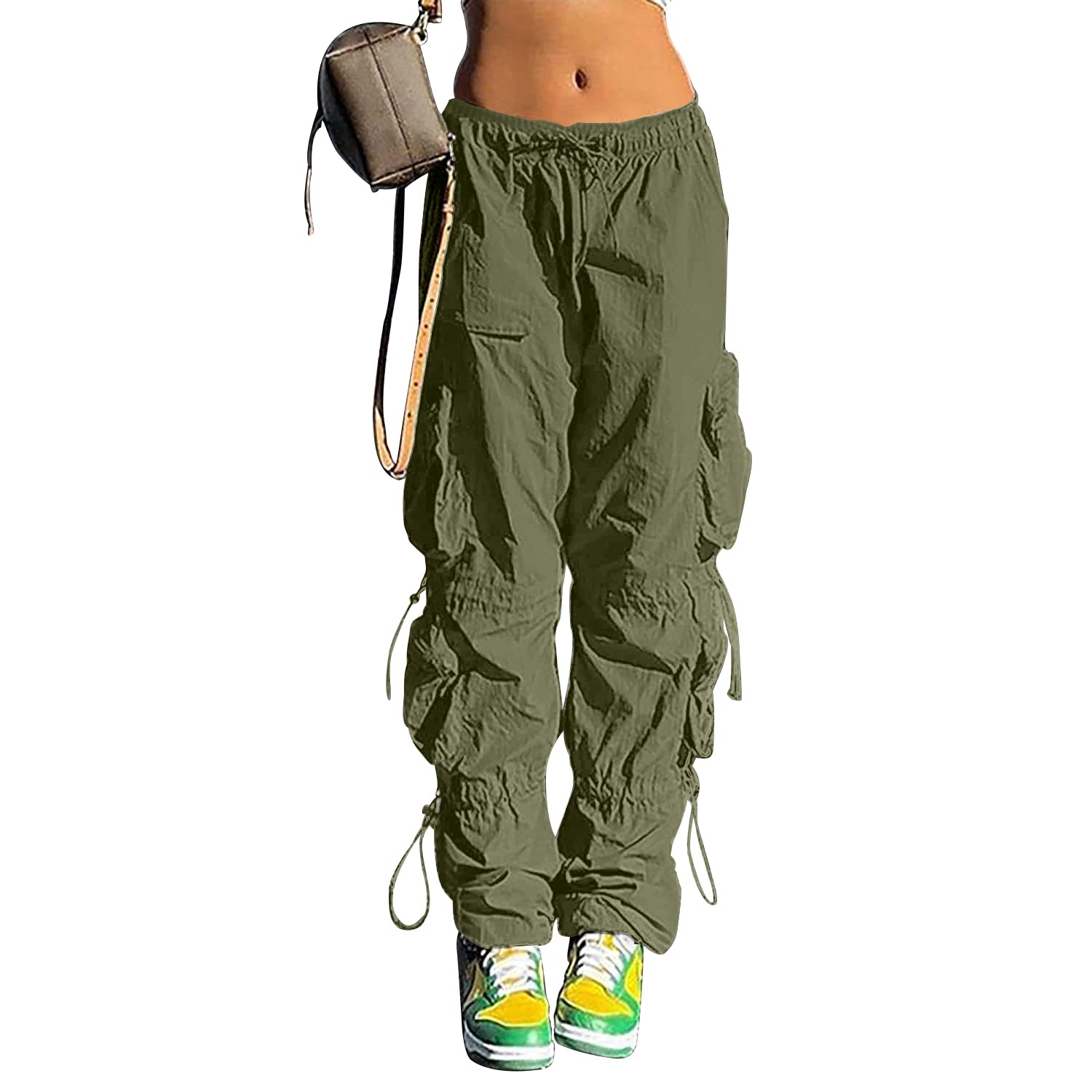 QYANGG Women's Baggy Parachute Pants with Drawstring Waist - Y2K Cargo Joggers with Multiple Pockets & Elastic Cuffs | Streetwear, Hip Hop Fashion, Casual Outfits
