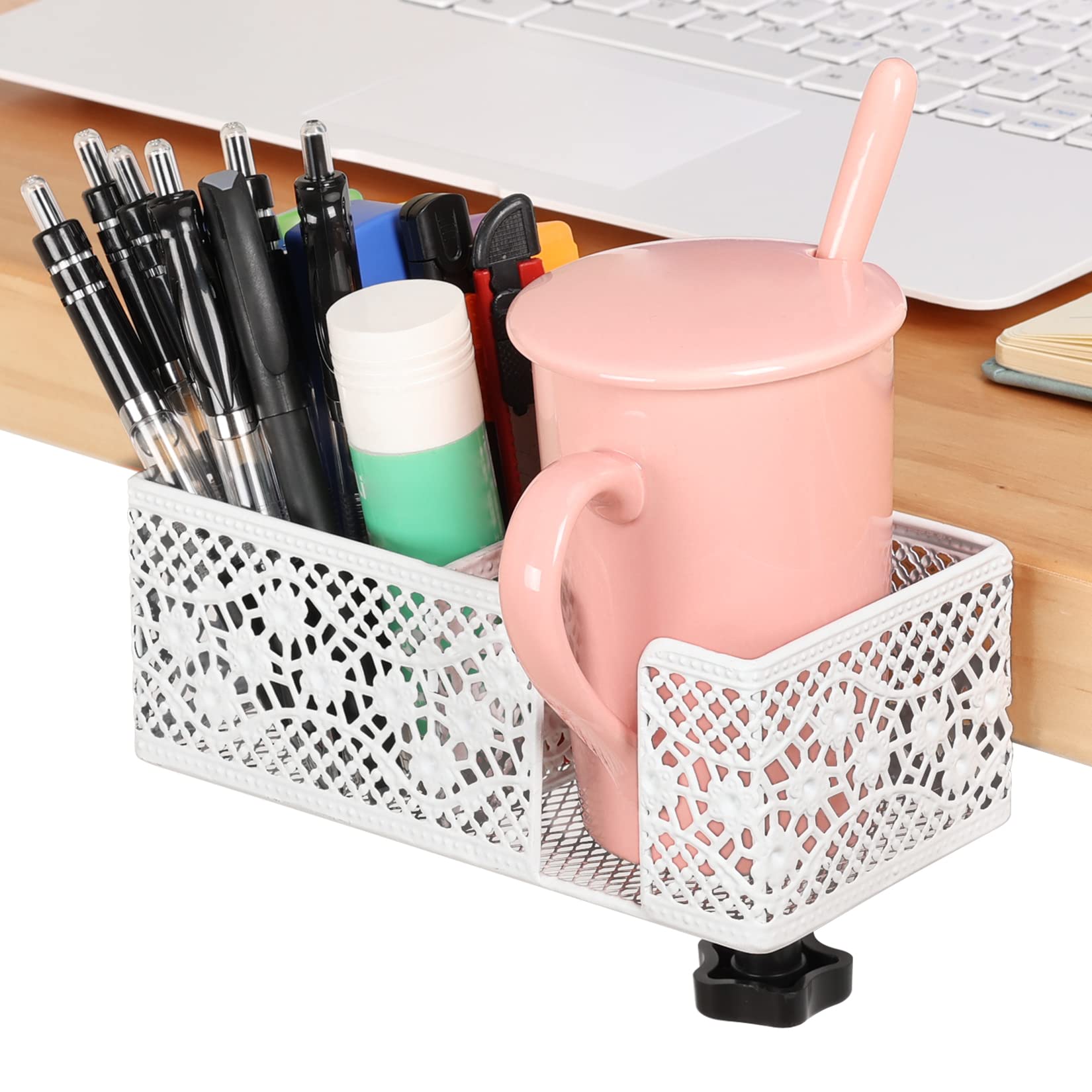 Clip-On Desk Organizer with Cup Holder, Pencil Storage & Phone Stand - Space-Saving Office & School Accessory for Beverages, Stationery & Devices - Perfect for Work, Study & Home Organization