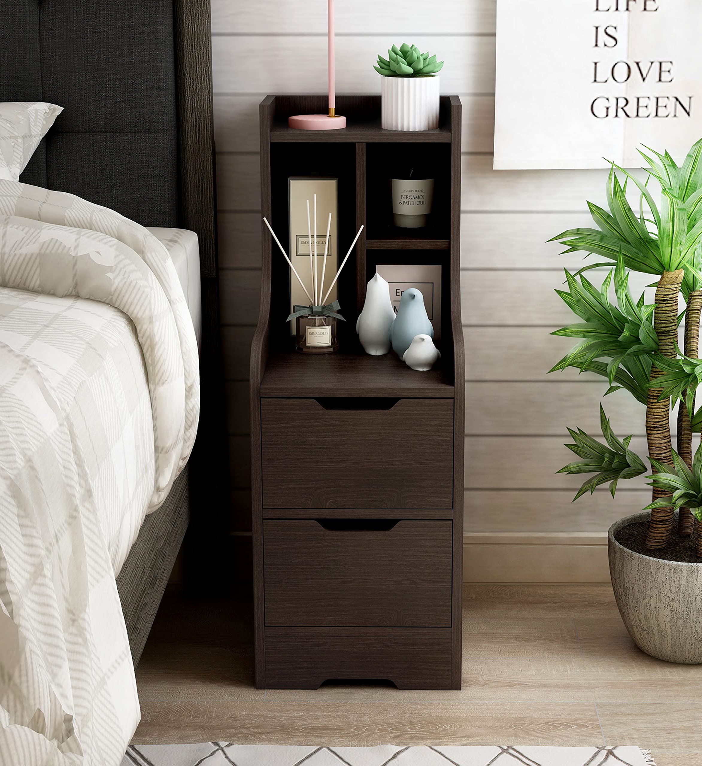 Modern Nightstand with 2 Drawers & Open Storage - Bedside Table for Bedroom & Office, Brown