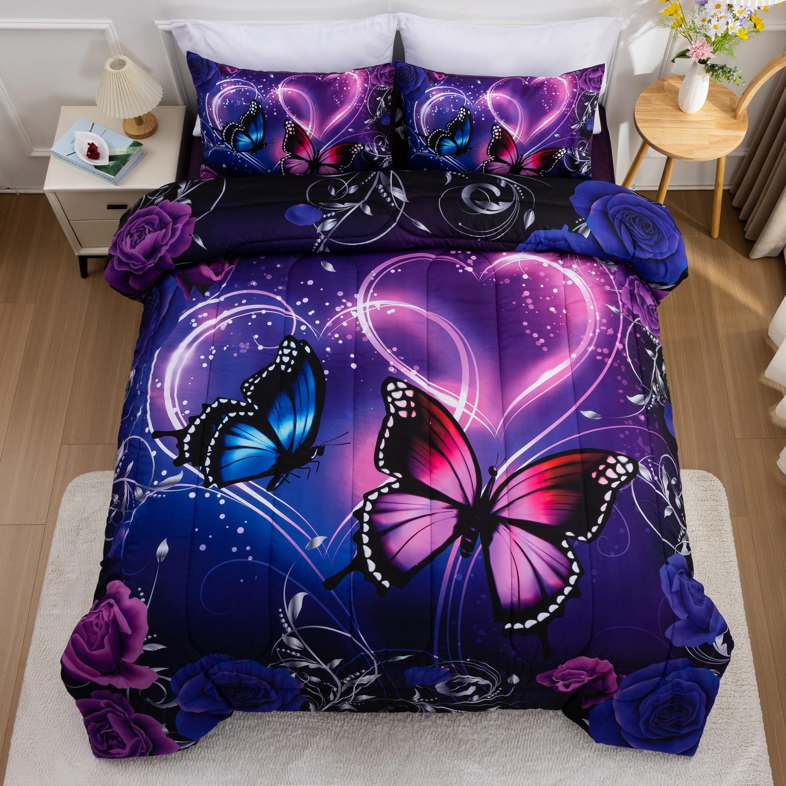 6pcs Galaxy Butterfly Bed in a Bag Set - Purple & Blue 3D Printed Twin Comforter for Girls, Kids & Teens | Dreamy Space Themed Bedding for Kids' Rooms & Sleepovers