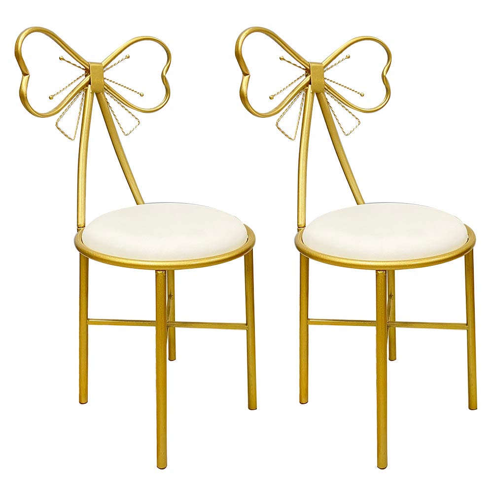 Modern Bow Vanity Chair Set of 2 - PU Leather Butterfly Stool with Metal Legs for Makeup Room, Bedroom, Dressing Room & Nail Salon - Elegant White Vanity Stools for Women's Dressing Table, Bridal Suite & Beauty Parlor