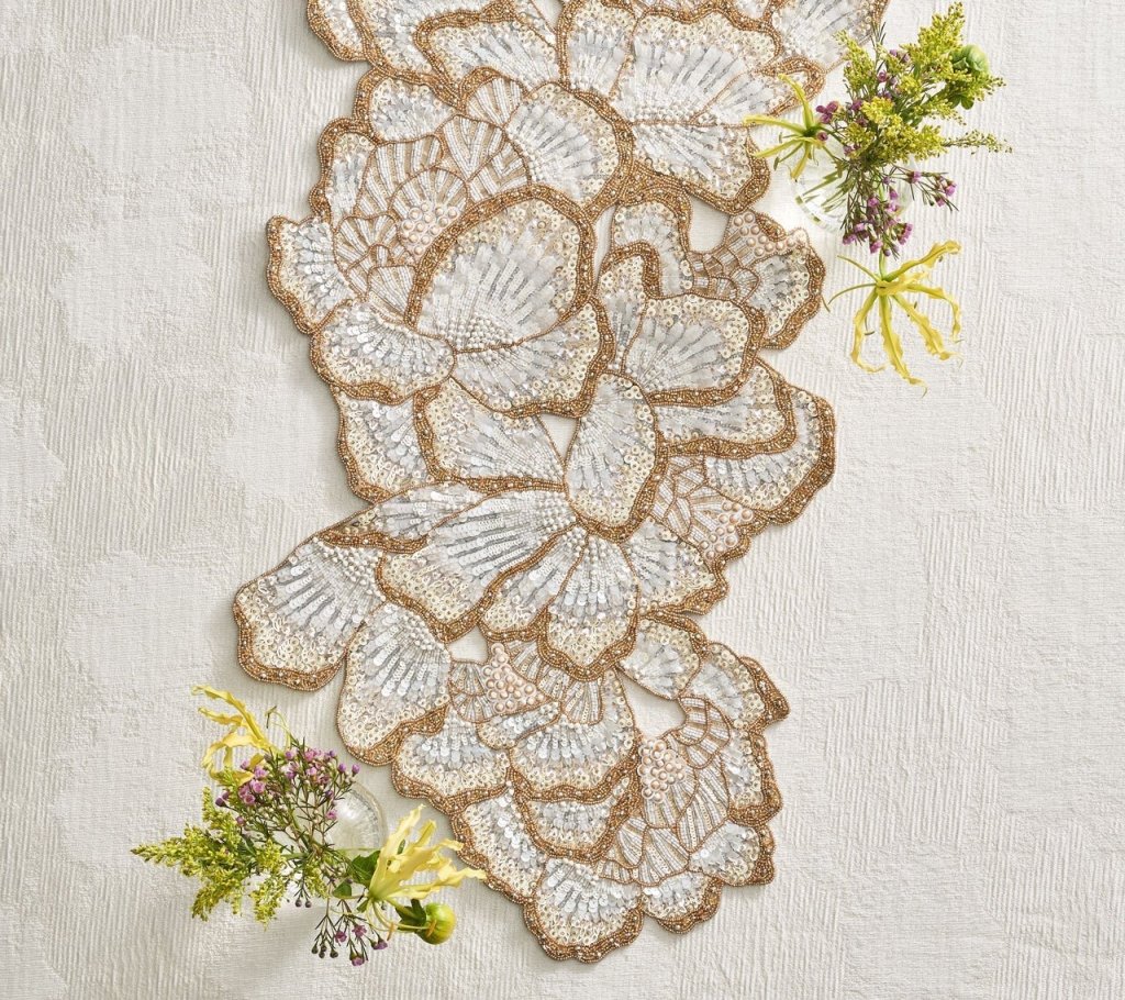 Elegant Botanica Table Runner in White, Gold & Silver - Perfect for Weddings, Holidays & Home Decor