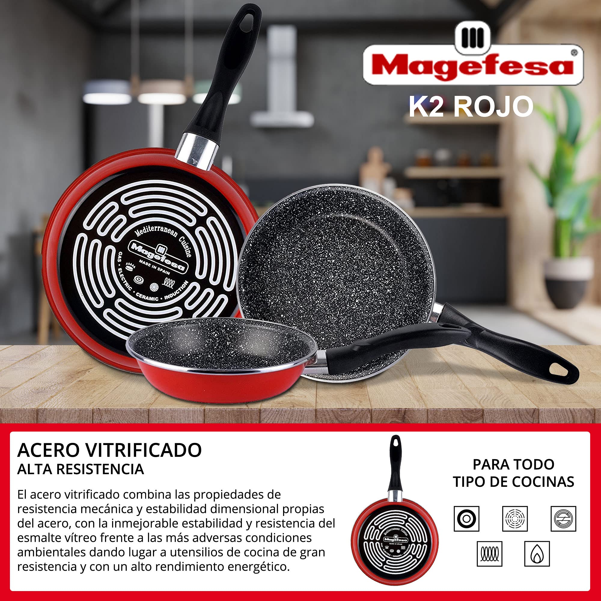 Magefesa K2 Red 20cm Non-Stick Frying Pan - Vitrified Steel Construction, Stone Effect Coating, Induction Compatible, Energy Efficient - Perfect for Sautéing, Frying & Cooking on Gas, Electric & Induction Stoves