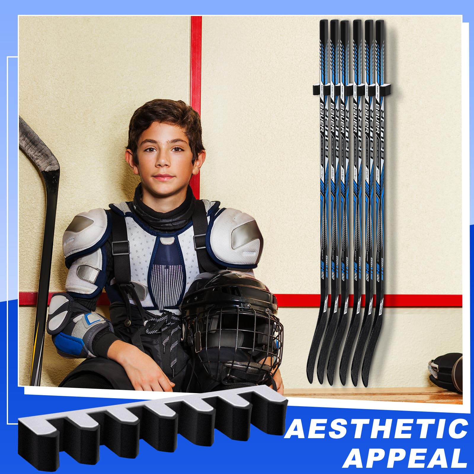 Yousoontic Wall Mount Hockey Stick Holder - Organizer for 1, 2, 3, 4 or 6 Ice Hockey Sticks - Space Saving Storage Solution for Home, Office, Garage or Hockey Room - Perfect for Displaying and Organizing Hockey Equipment