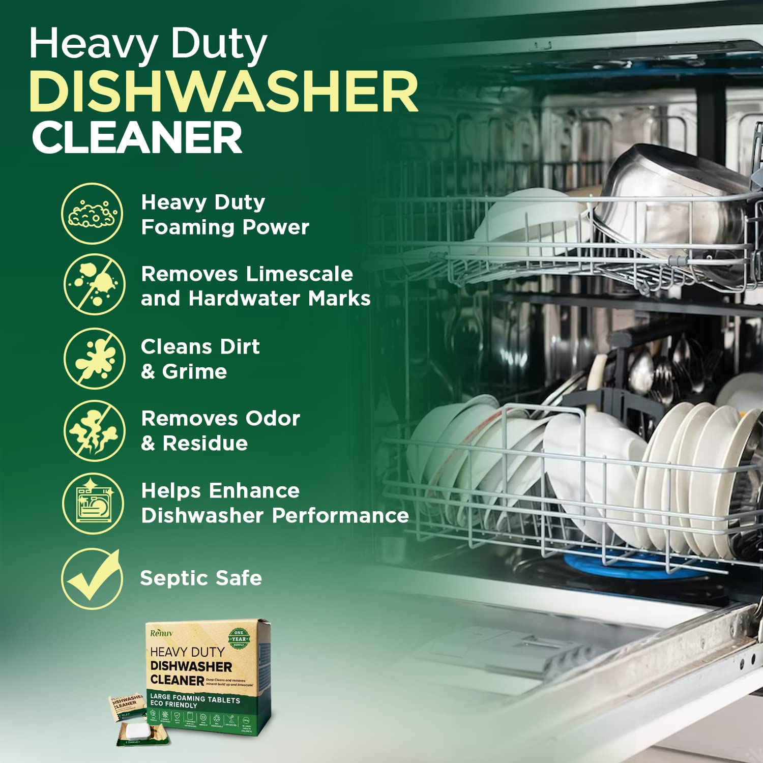 **Eco-Friendly Dishwasher & Garbage Disposal Cleaning Tablets - 12 Month Supply | Deep Clean, Deodorize & Freshen for Sparkling Dishes & Odor-Free Sink**    *(Perfect for kitchens, RVs, apartments & eco-conscious homes!)*