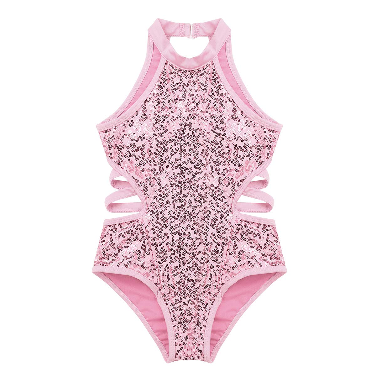 TiaoBug Kids Girls Shiny Sequins Ballet Leotard - Cutout Back Turtleneck Gymnastics Bodysuit for Dance Recital, Competition & Performance