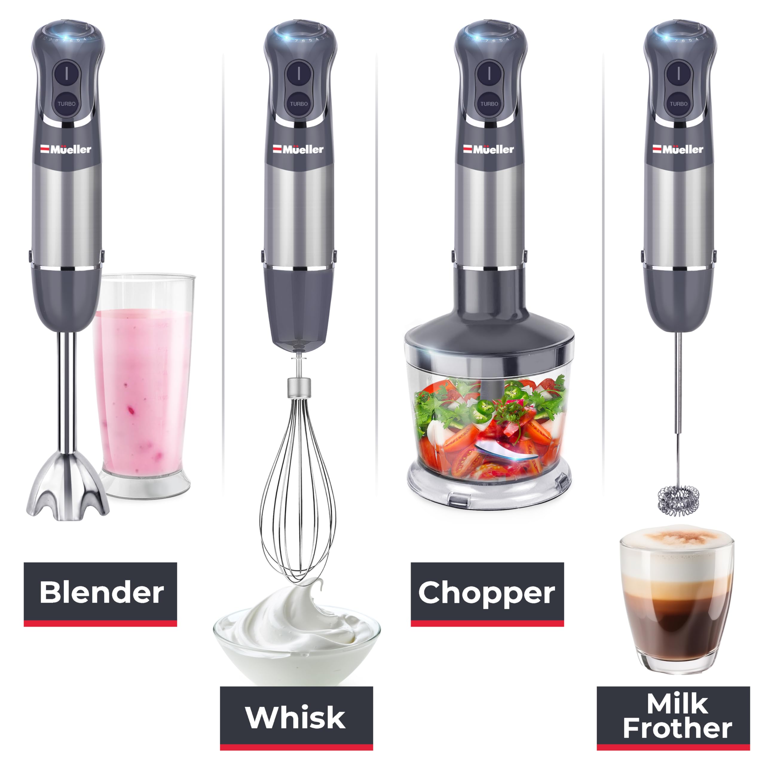 Mueller 800W 4-in-1 Immersion Blender Hand Mixer - 12 Speed with Turbo Boost, Heavy Duty Copper Motor & Titanium Blades, Includes Milk Frother, Whisk, Beaker & Chopper - Perfect for Smoothies, Soups, Sauces & Baking (Grey)