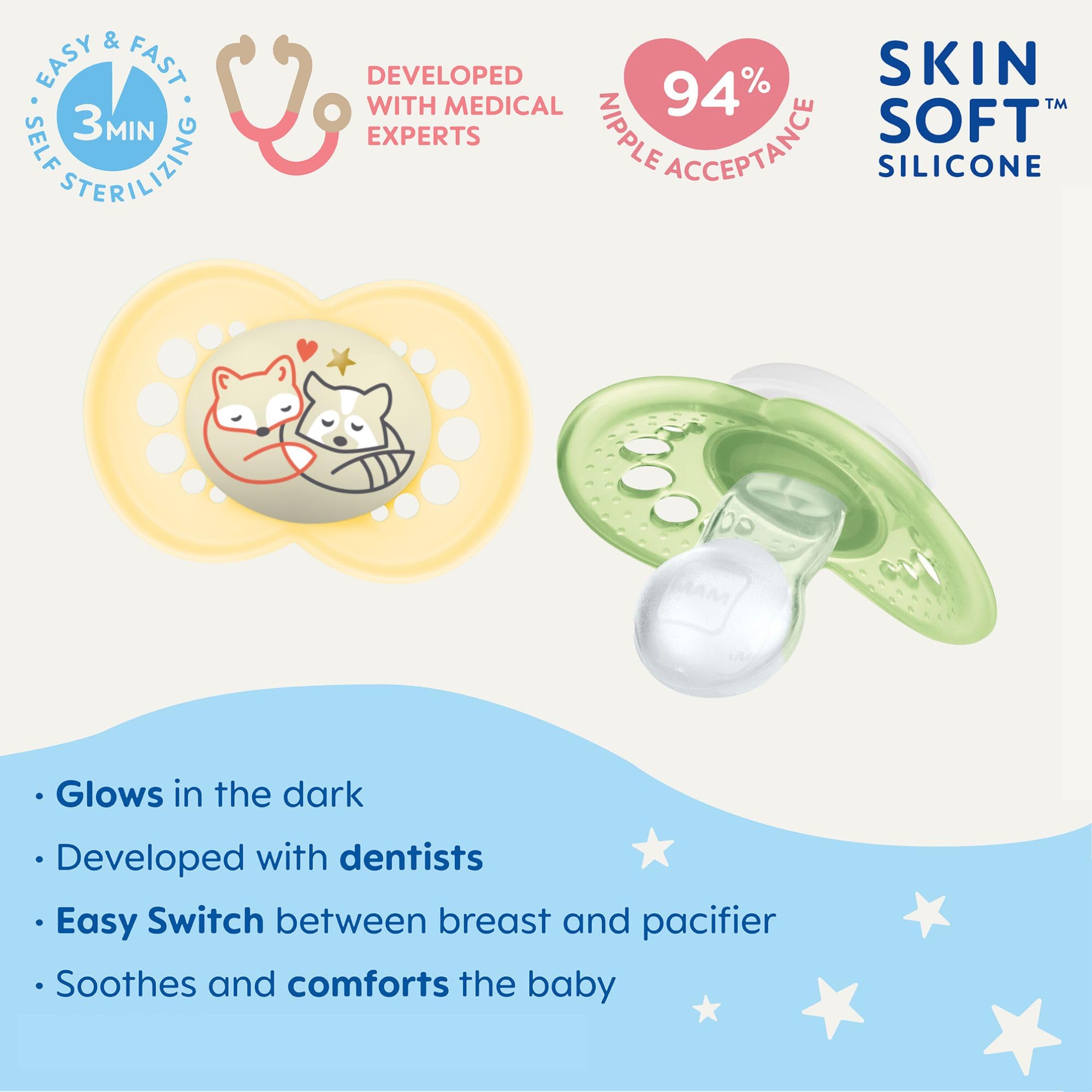 MAM Original Day & Night Pacifiers for Babies 6-16 Months - BPA-Free Glow in the Dark Silicone Binky (2-Pack with Sterilizer Case) - Pediatrician Approved Soothers for Newborns & Infants - Perfect for Nighttime Feeding, Travel & Calming Fussy Babies