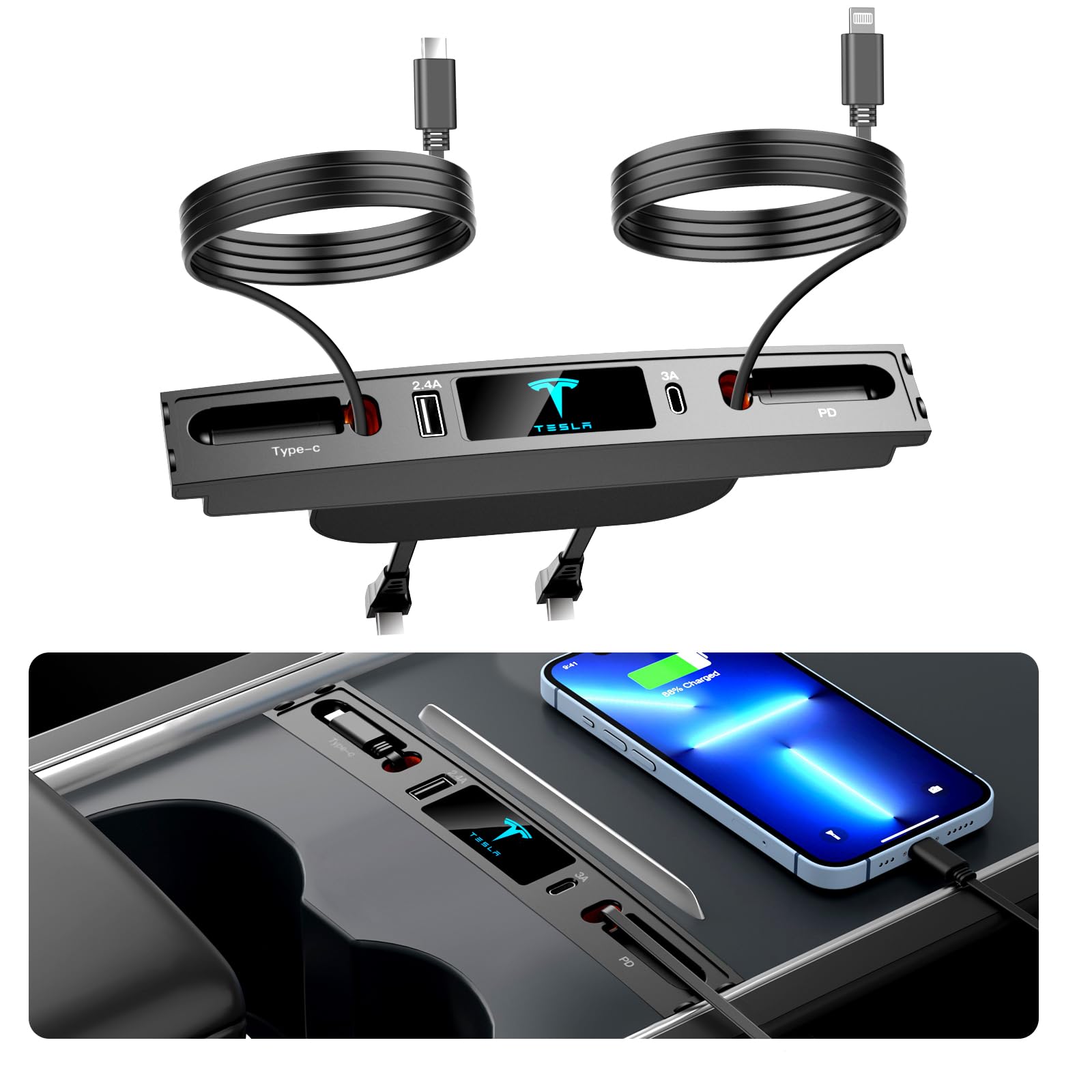 Fast Charging Multi-Port USB Hub for Tesla Model 3/Y (2021-2023) - Retractable Cable Center Console Adapter with Official Tesla Logo - Perfect Tesla Accessories Gift for Road Trips & Daily Commuting